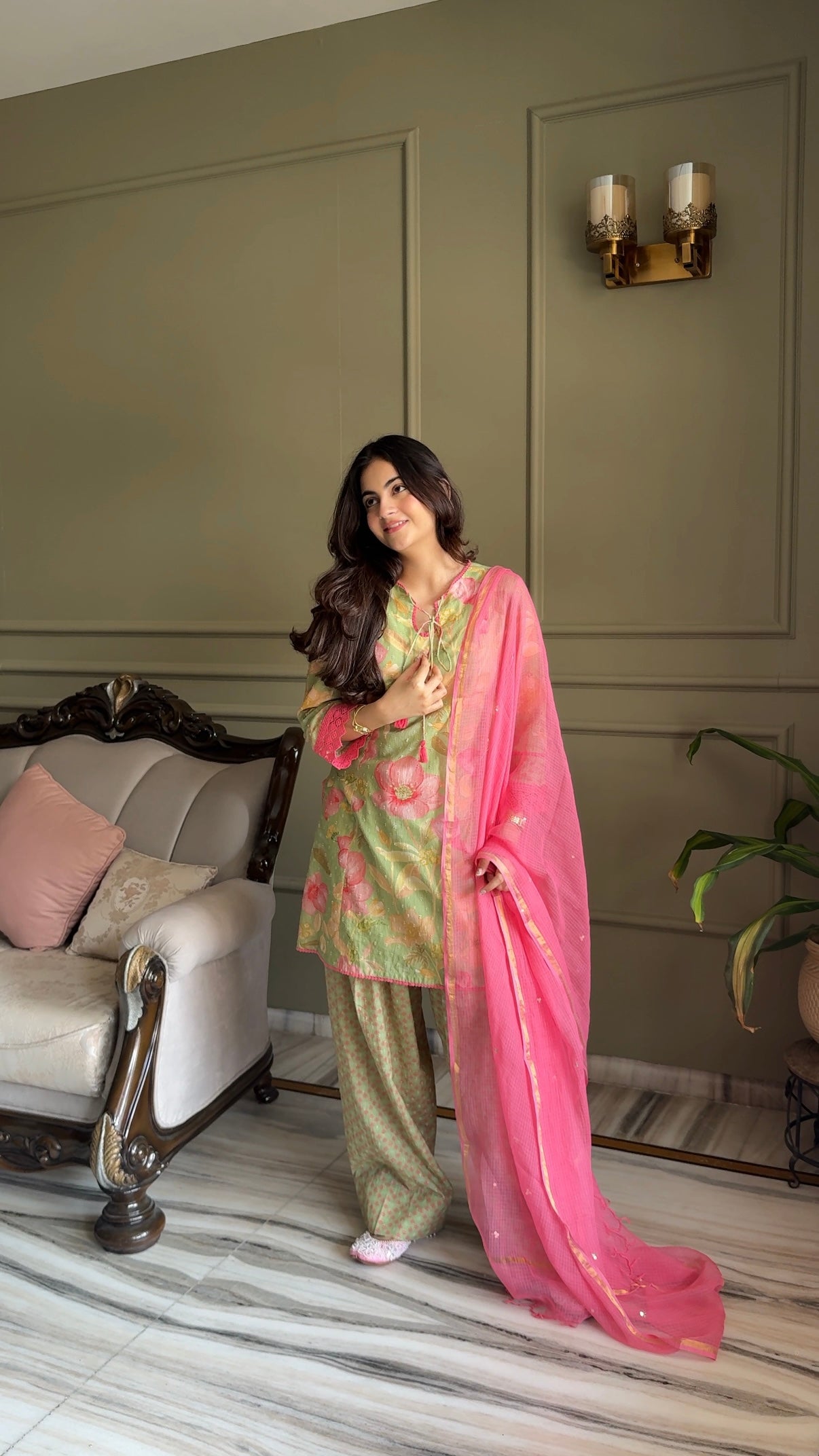 Jannat Khurana in Vanya Green & Pink Cotton Printed Short Kurta Set with Farshi Salwar