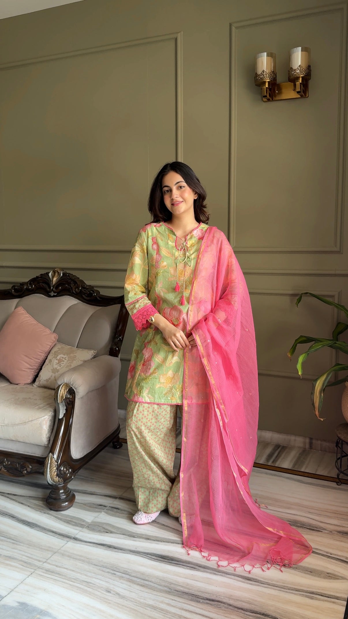 Jannat Khurana in Vanya Green & Pink Cotton Printed Short Kurta Set with Farshi Salwar