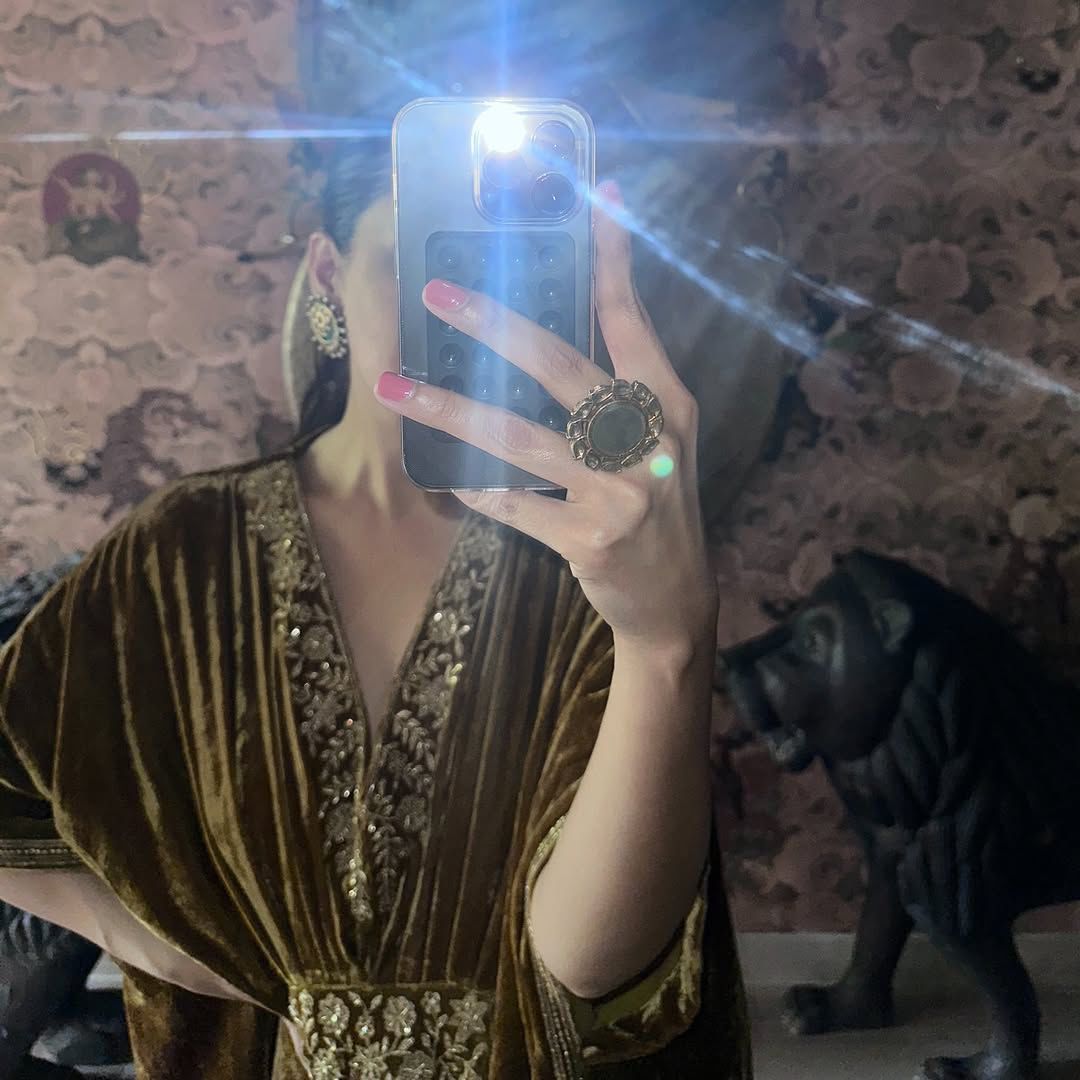 Deepti j Verma in Gulzar Mustard Velvet Handcrafted Kaftan