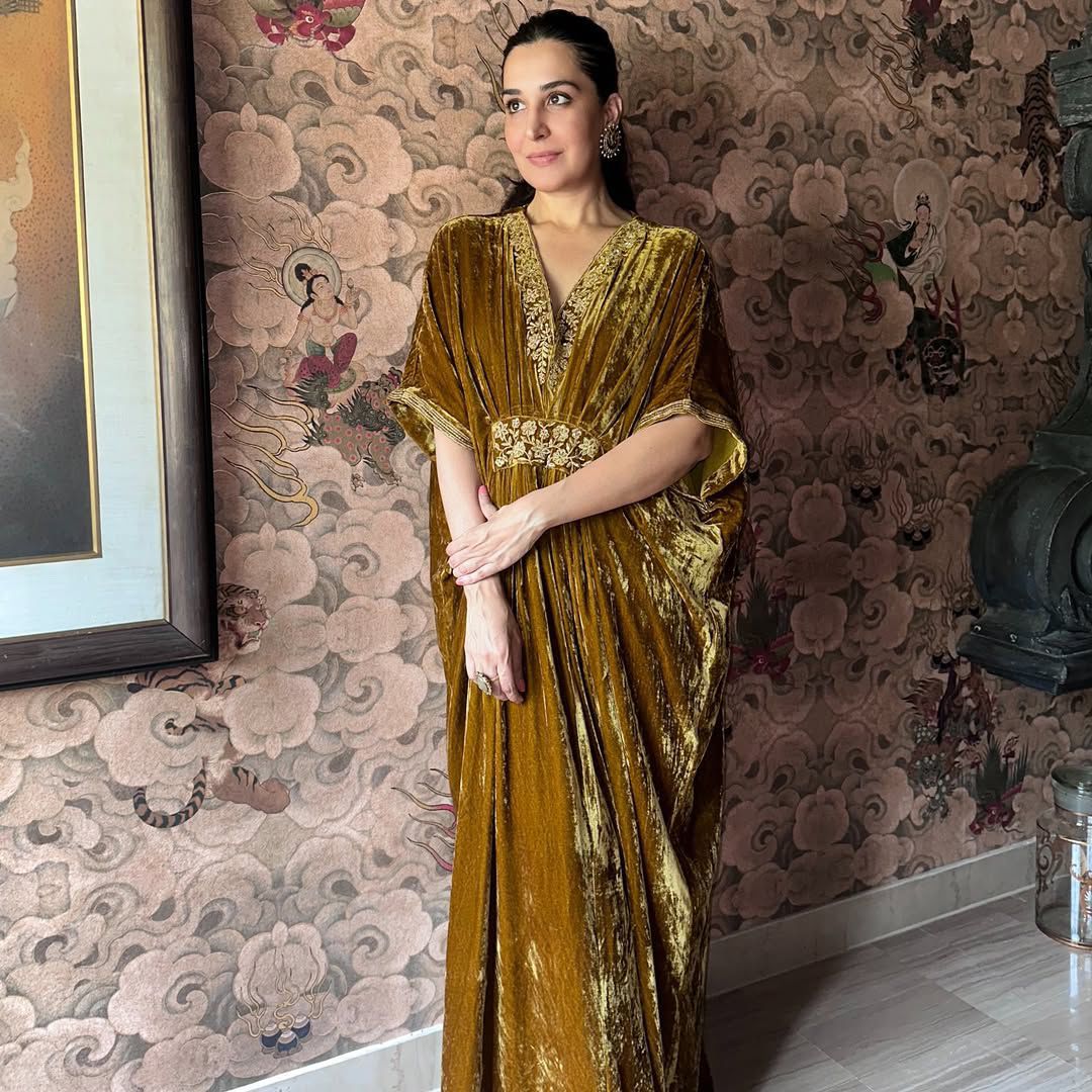 Deepti j Verma in Gulzar Mustard Velvet Handcrafted Kaftan