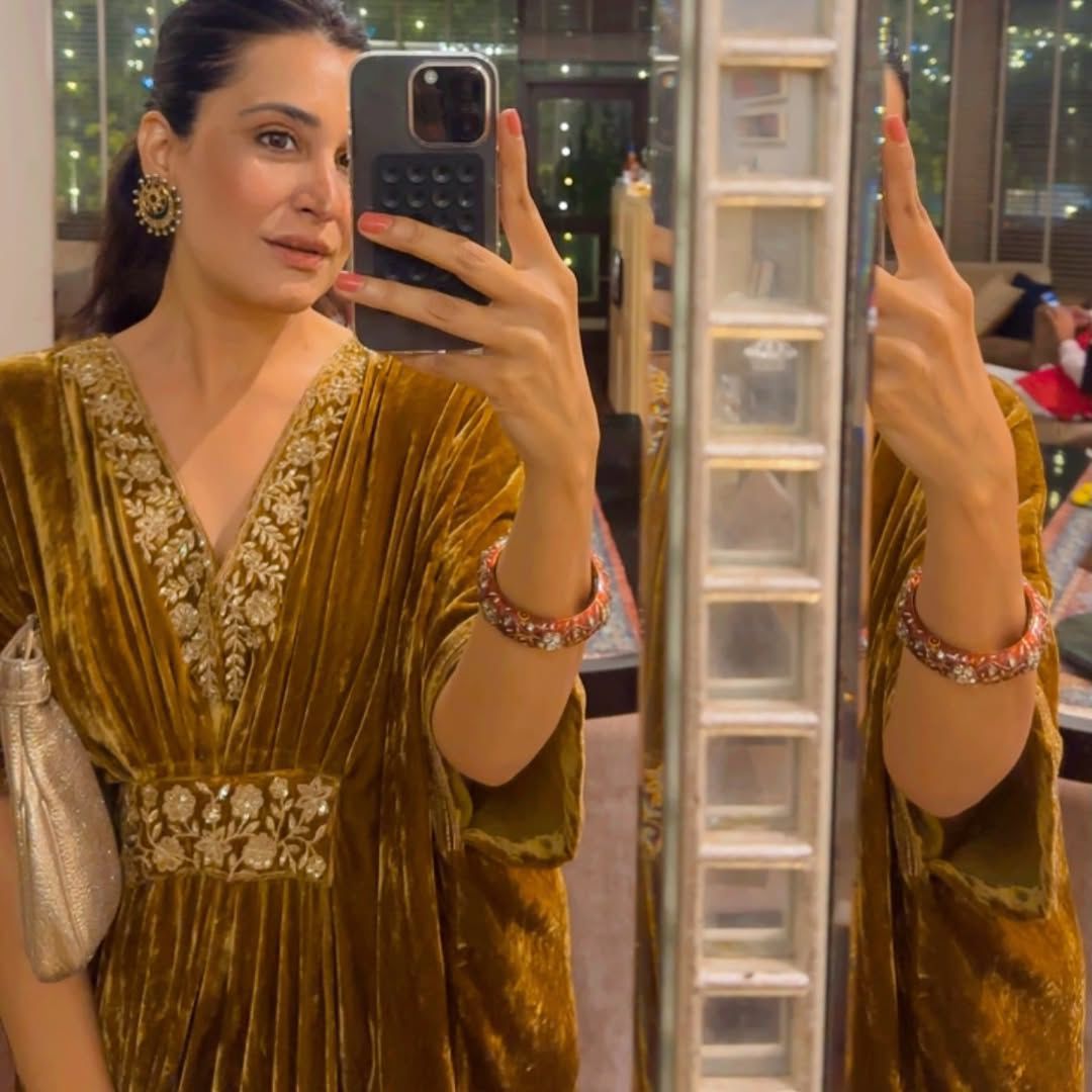 Deepti j Verma in Gulzar Mustard Velvet Handcrafted Kaftan