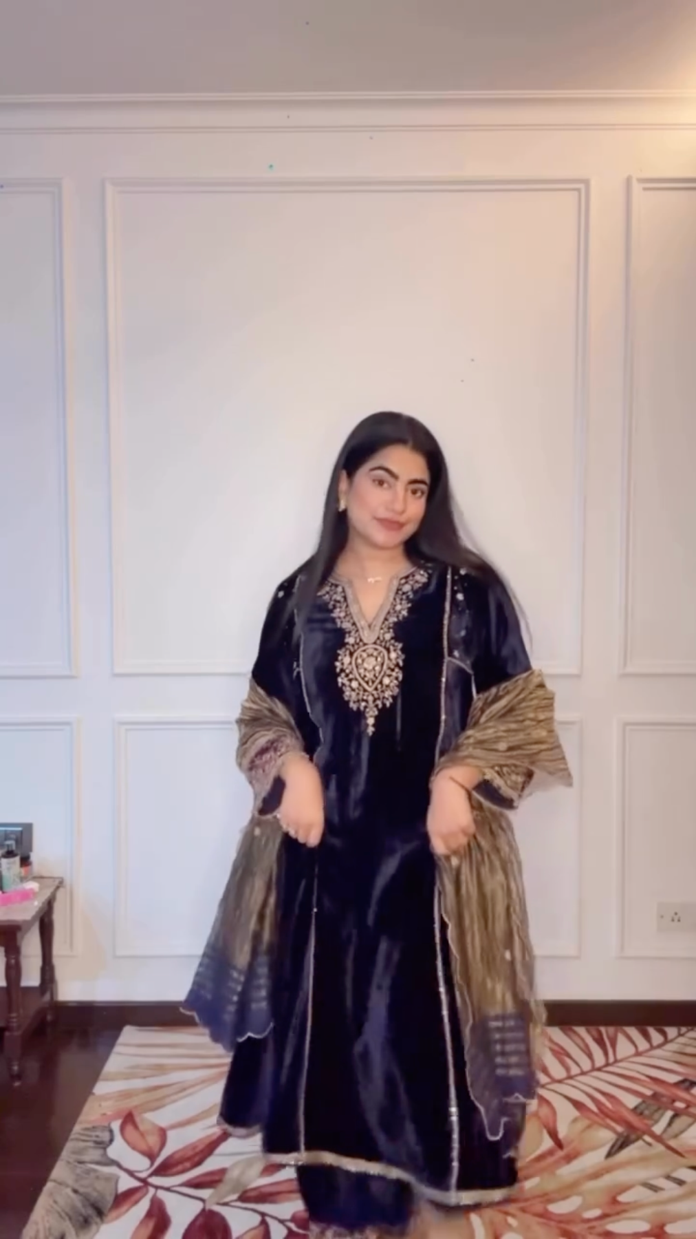 Shiveeka Nirula in Ziyana Navy Blue Embroidered Silk Velvet A-Line Kurta Set