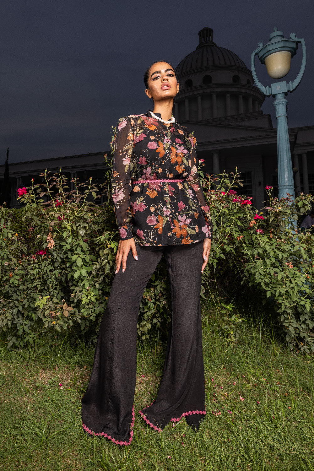 BELLA BLACK FLORAL PRINTED ORGANZA COORD SET (READY TO SHIP)