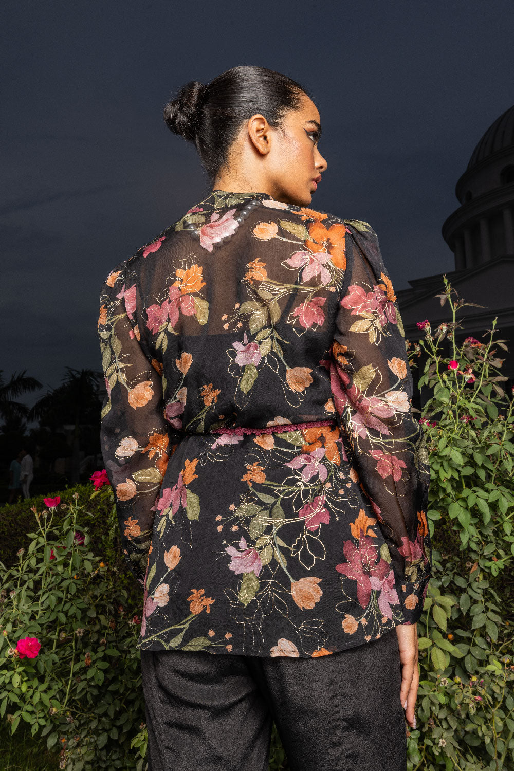 BELLA BLACK FLORAL PRINTED ORGANZA COORD SET (READY TO SHIP)