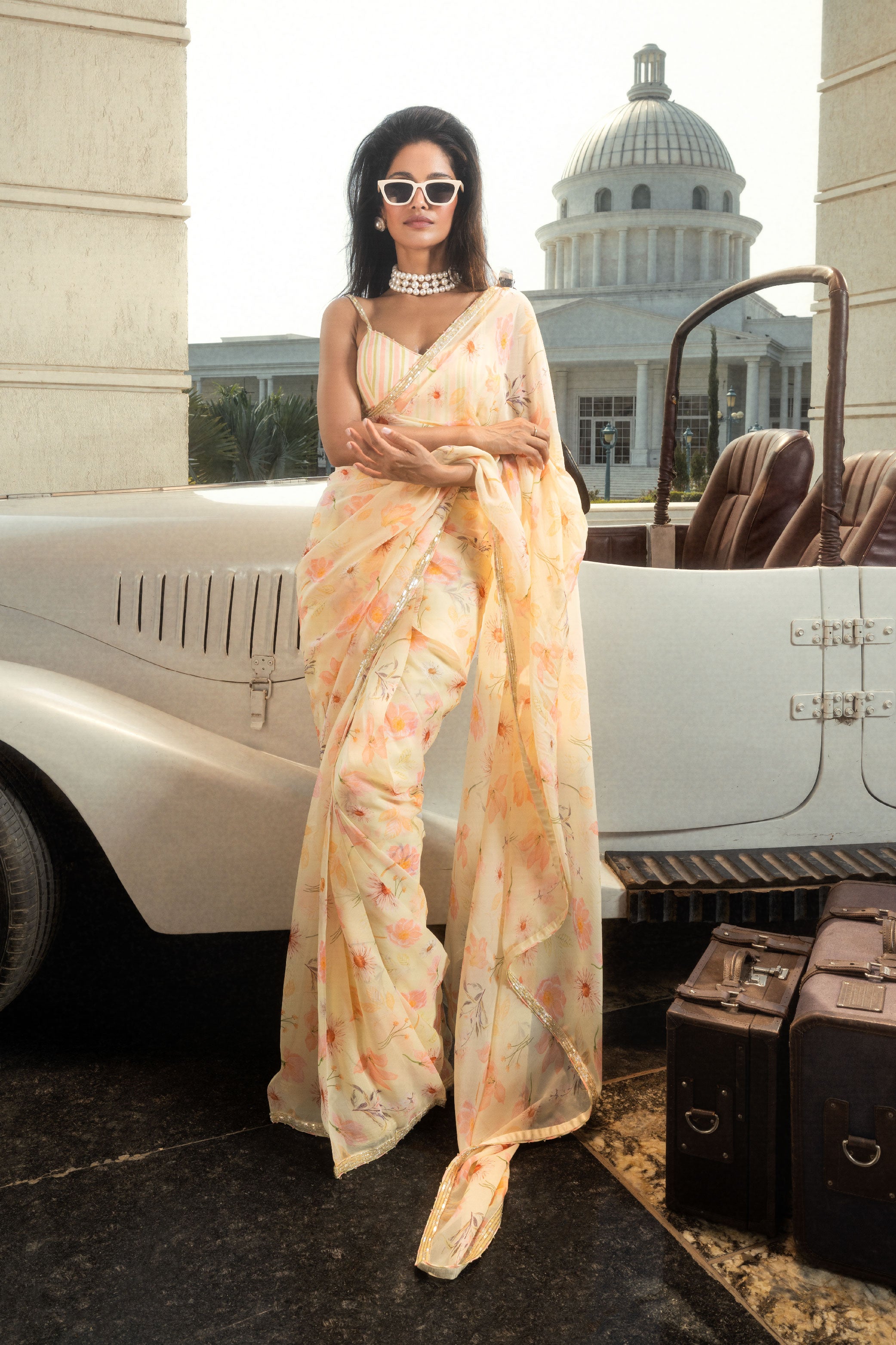 AMYRA DASTUR IN AASHI YELLOW FLORAL PRINTED HANDCRAFTED ORGANZA SAREE