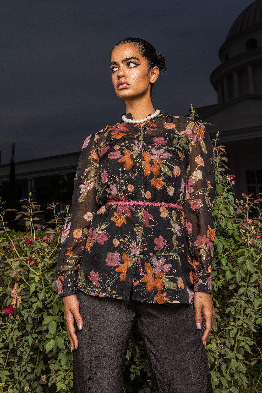 BELLA BLACK FLORAL PRINTED ORGANZA COORD SET (READY TO SHIP)