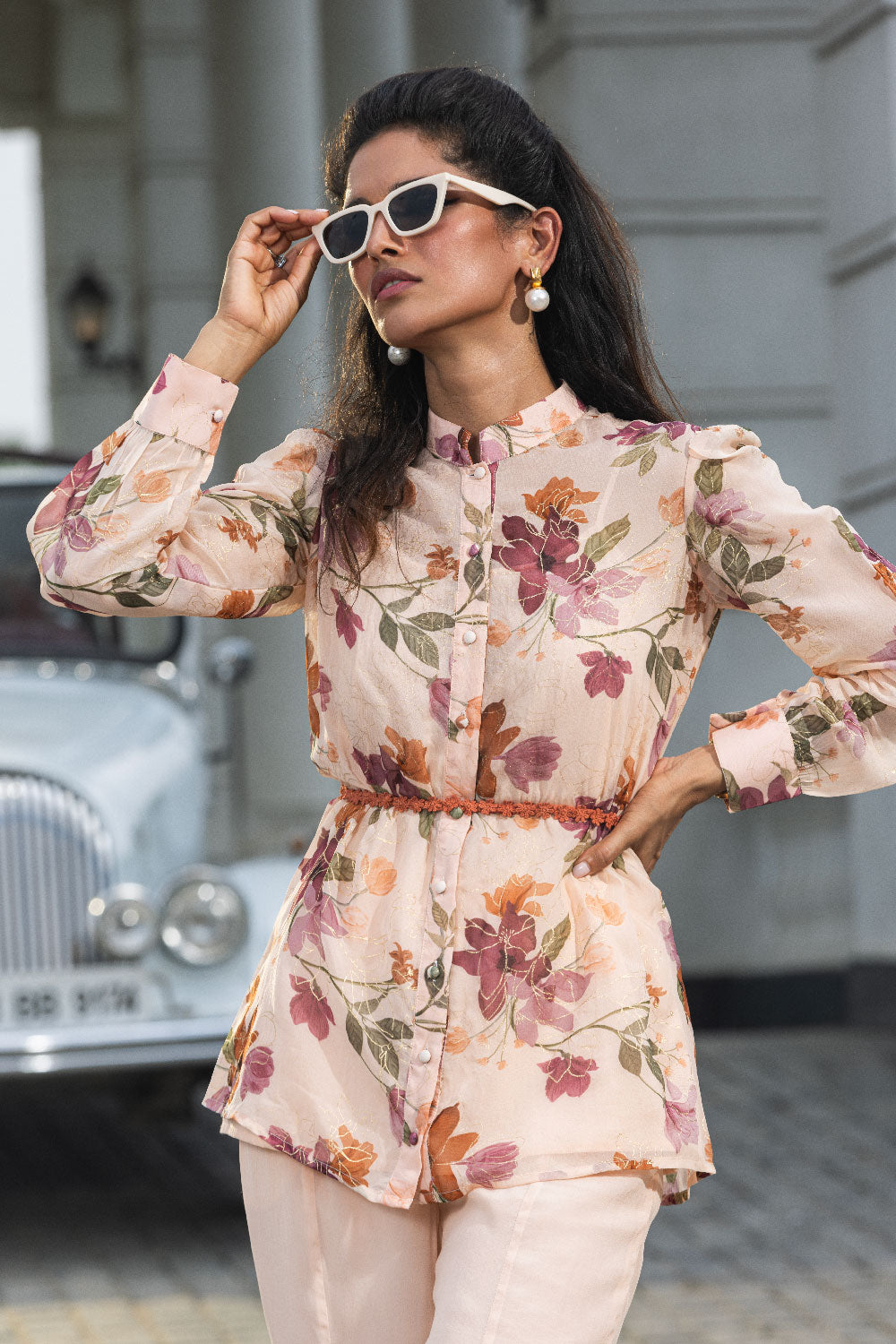 BLAIR BEIGE FLORAL PRINTED ORGANZA COORD SET (READY TO SHIP)