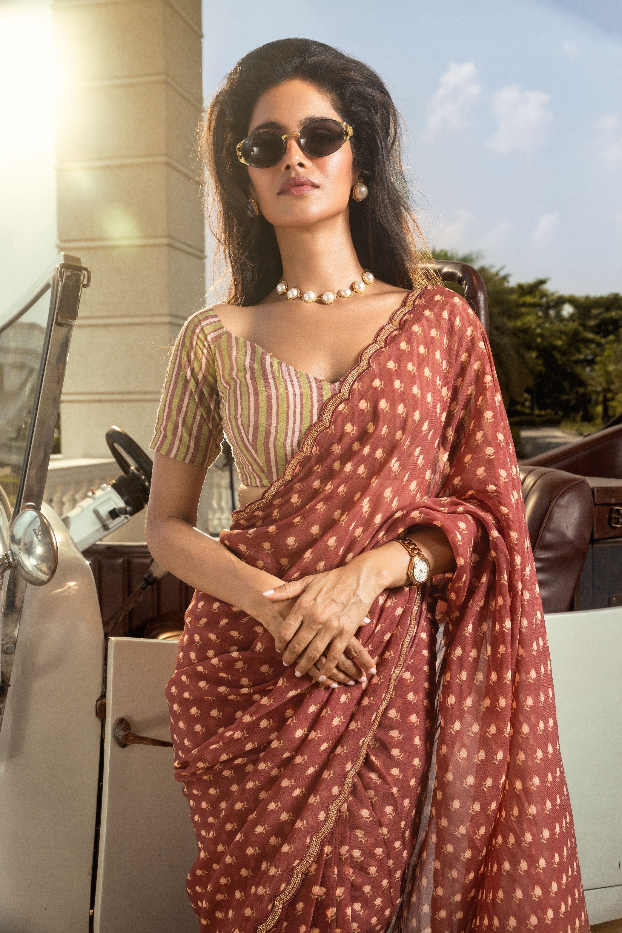 ADAH MAROON FLORAL PRINTED HANDCRAFTED ORGANZA SAREE