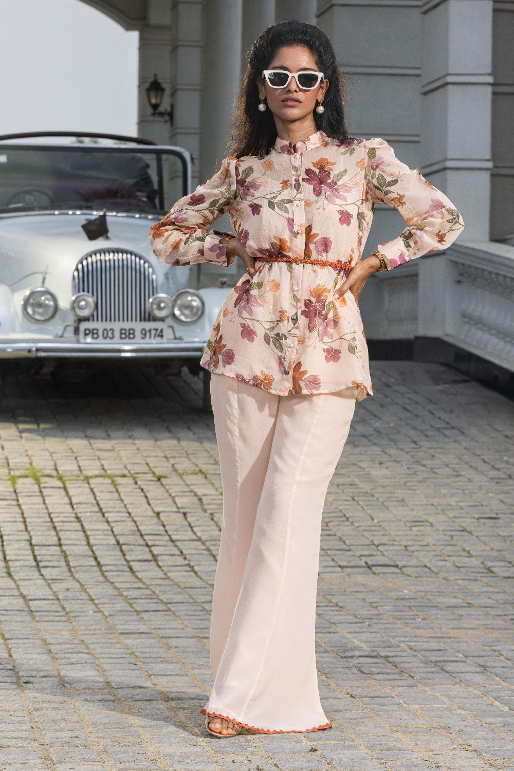 BLAIR BEIGE FLORAL PRINTED ORGANZA COORD SET (READY TO SHIP)