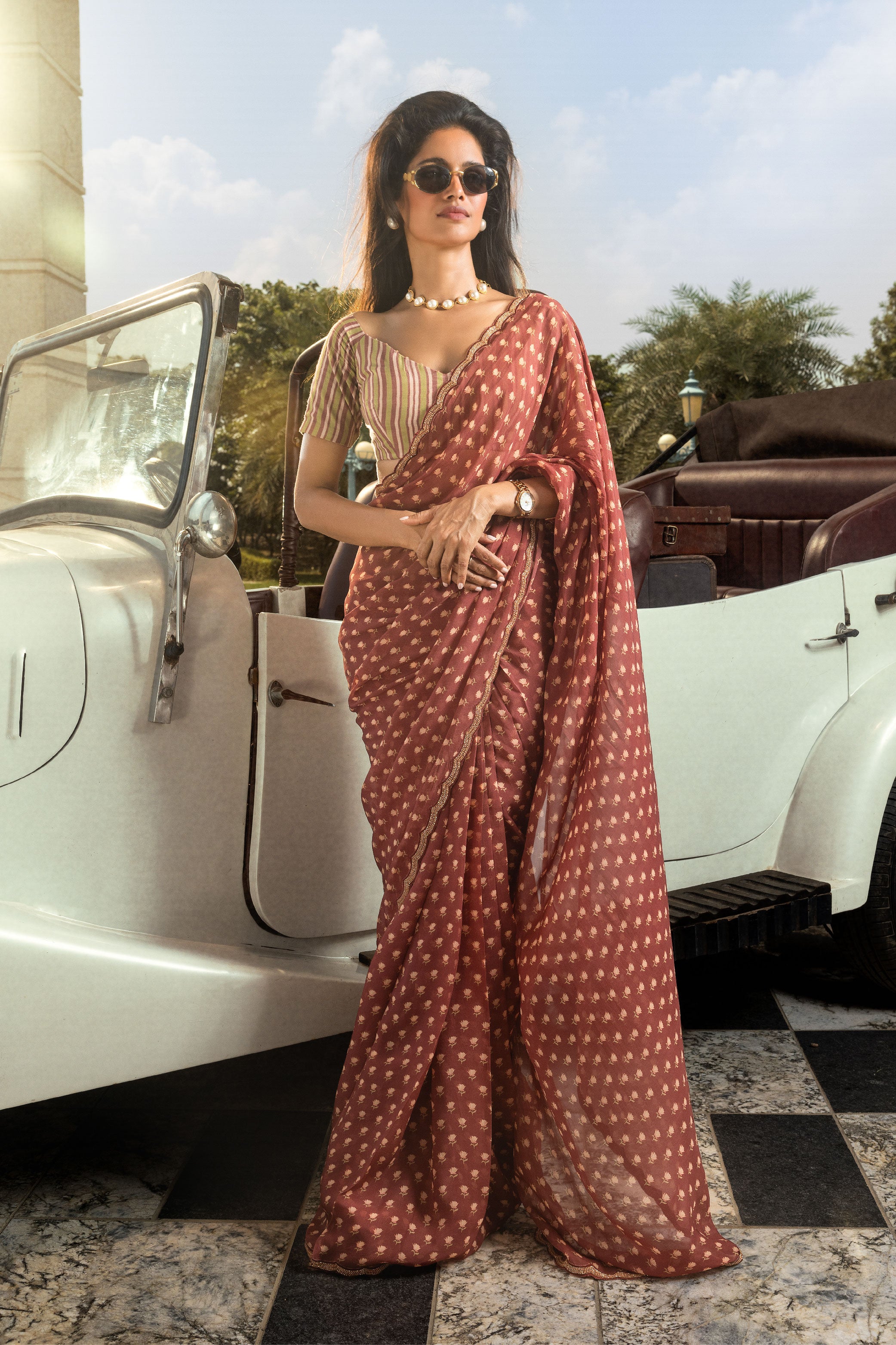 ADAH MAROON FLORAL PRINTED HANDCRAFTED ORGANZA SAREE