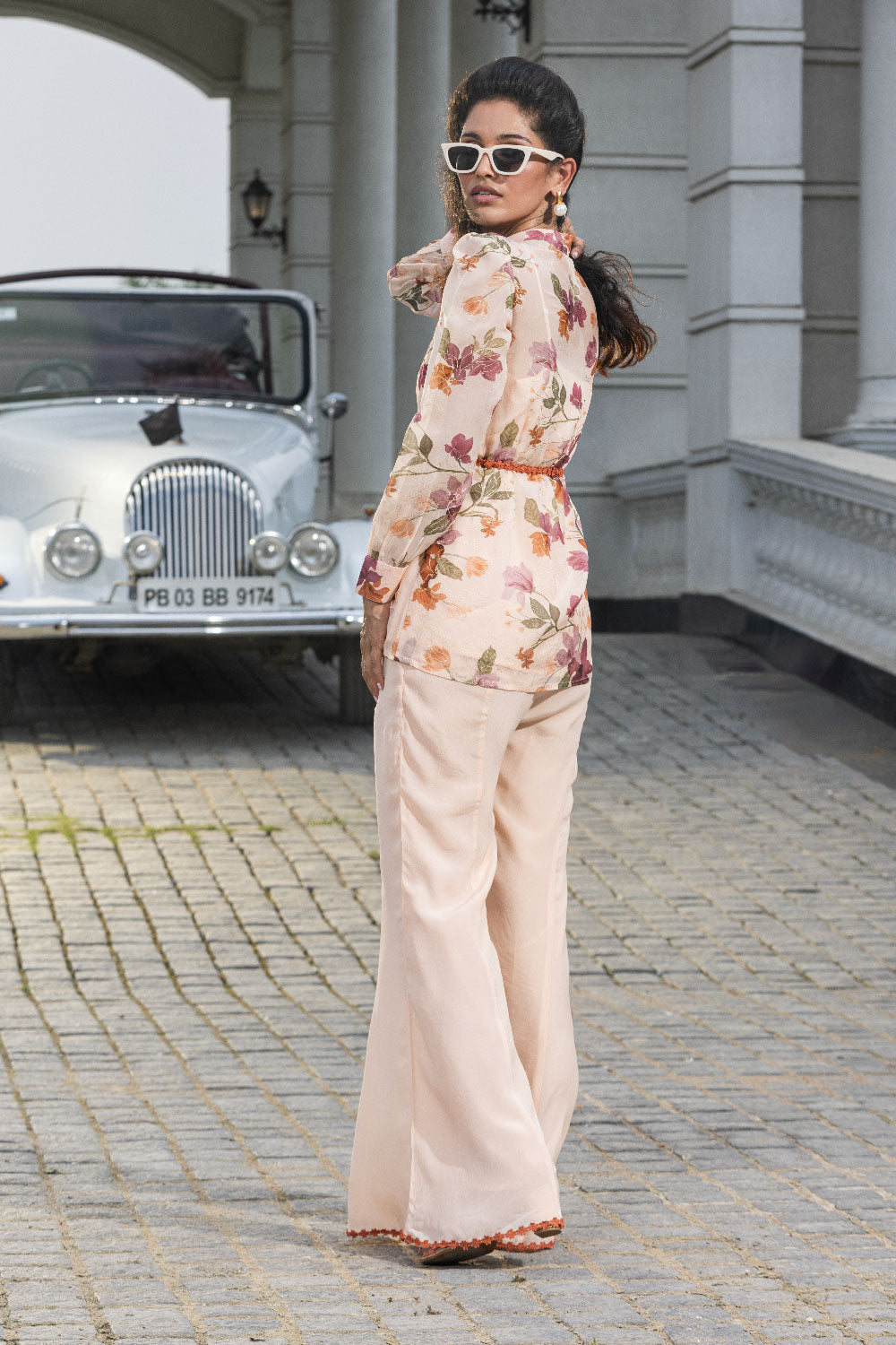 BLAIR BEIGE FLORAL PRINTED ORGANZA COORD SET (READY TO SHIP)