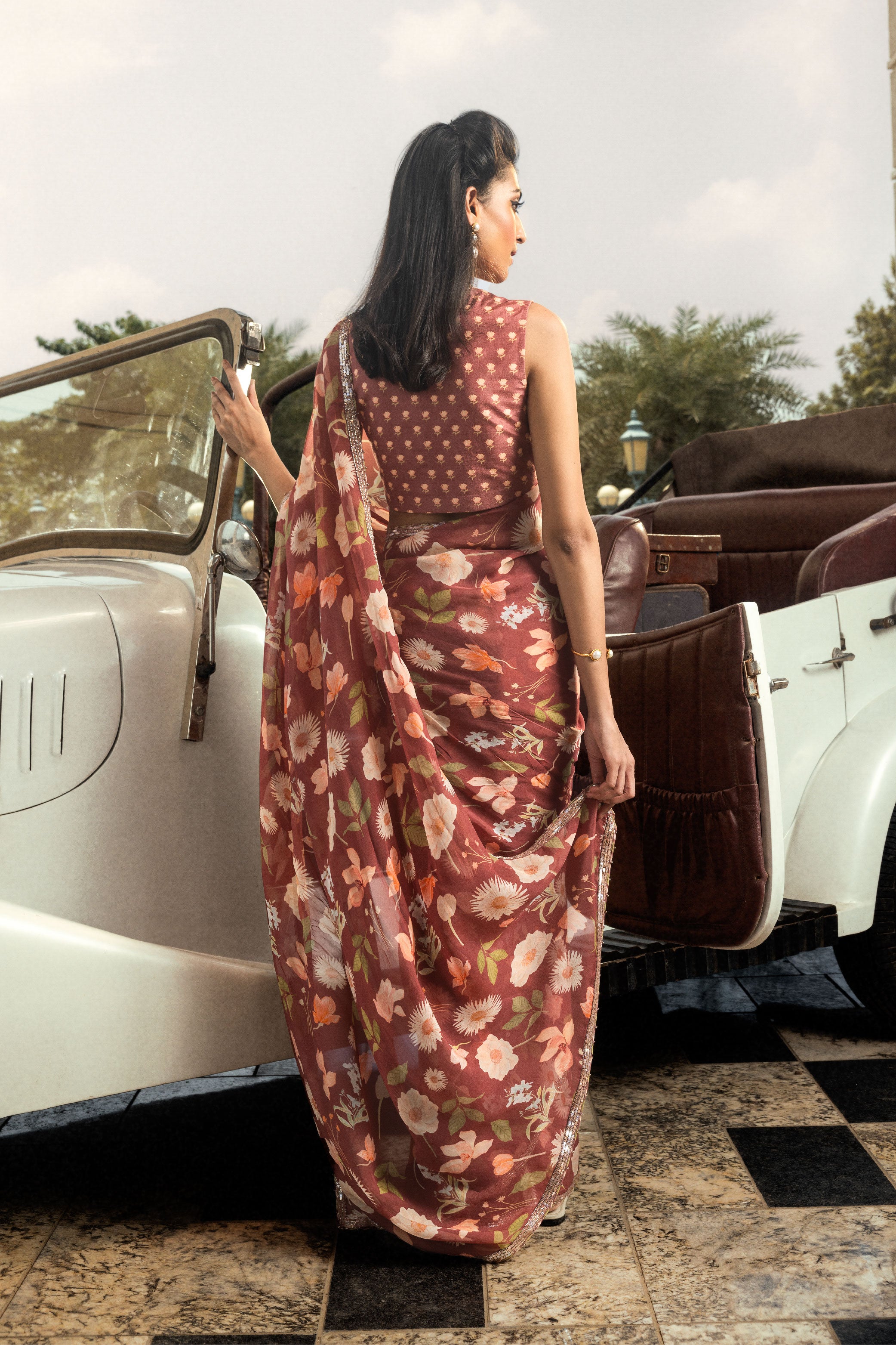 ANCHAL BRICK RED FLORAL PRINTED HANDCRAFTED ORGANZA SAREE