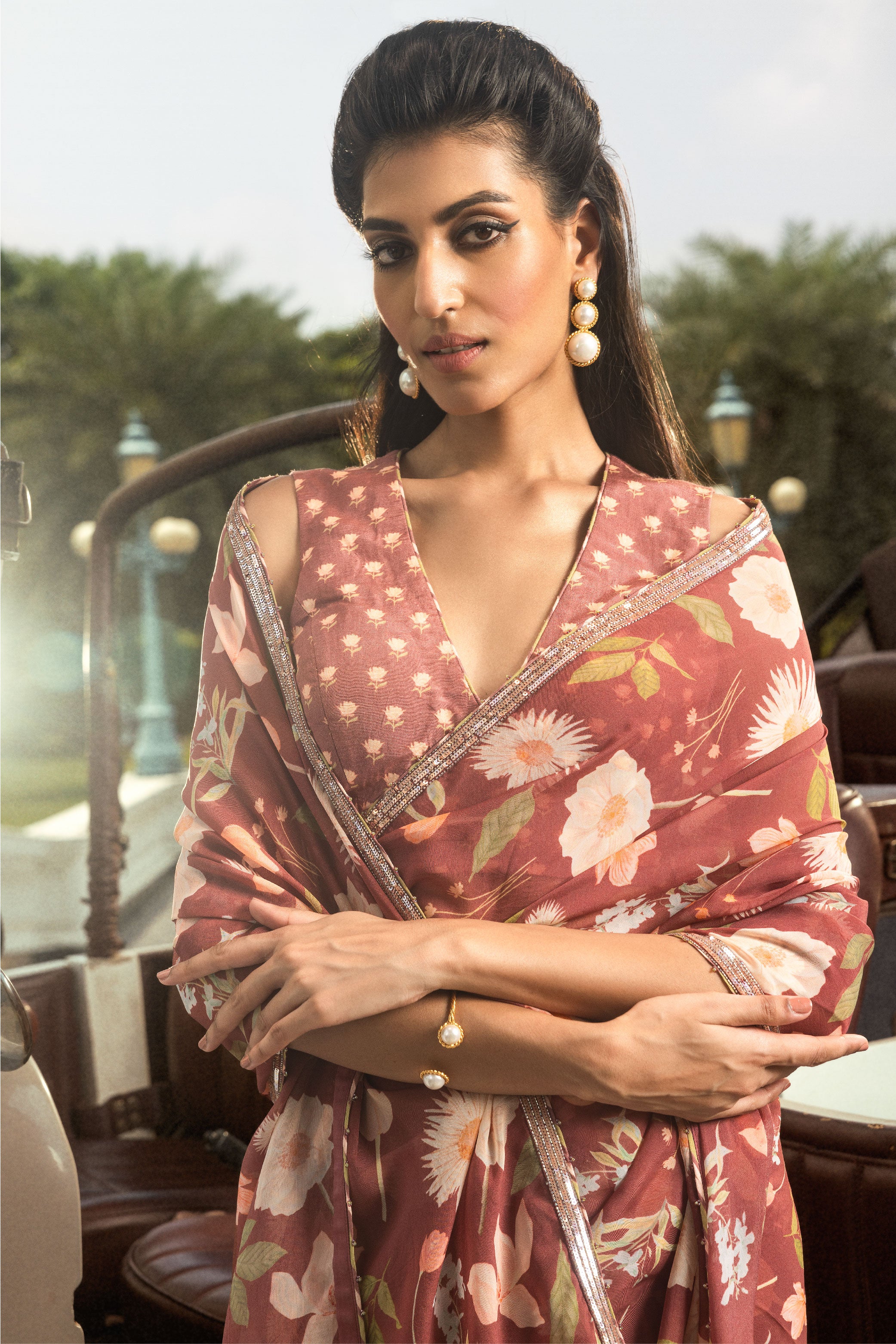 ANCHAL BRICK RED FLORAL PRINTED HANDCRAFTED ORGANZA SAREE