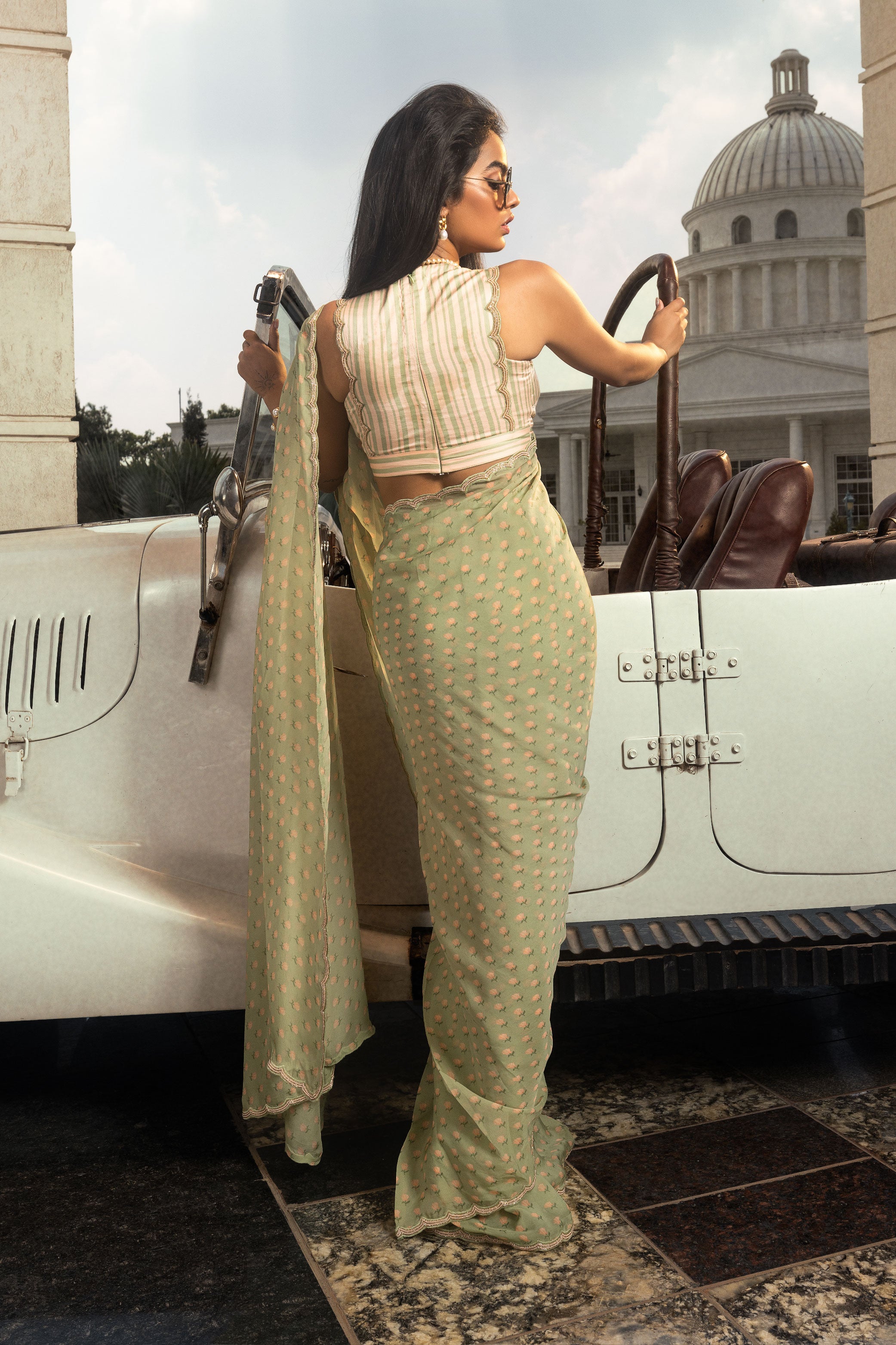 AYRA GREEN FLORAL PRINTED HANDCRAFTED ORGANZA SAREE