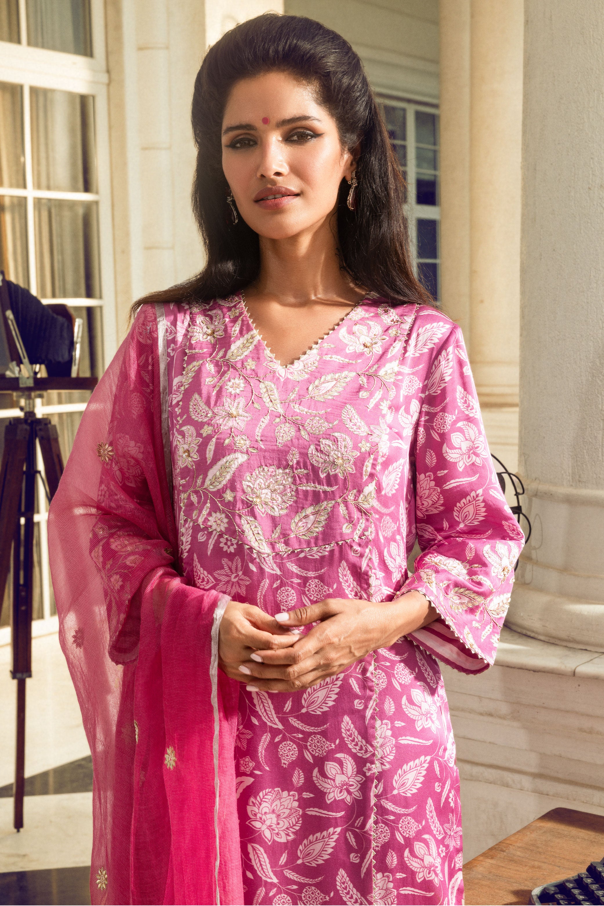 REBA PINK FLORAL PRINTED HANDCRAFTED KURTA SET (READY TO SHIP)