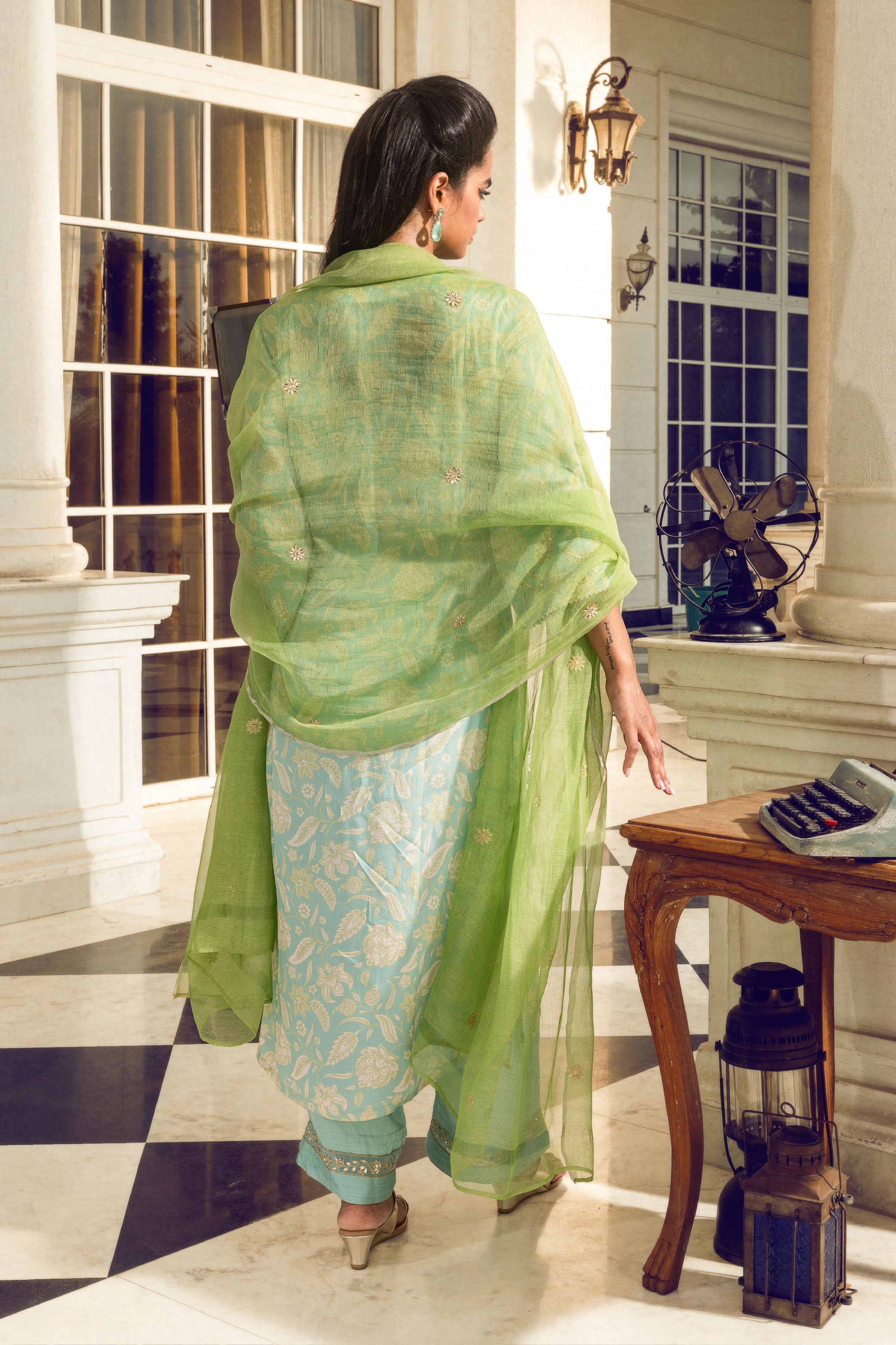 RUBAB TURQUOISE FLORAL PRINTED HANDCRAFTED KURTA SET (READY TO SHIP)