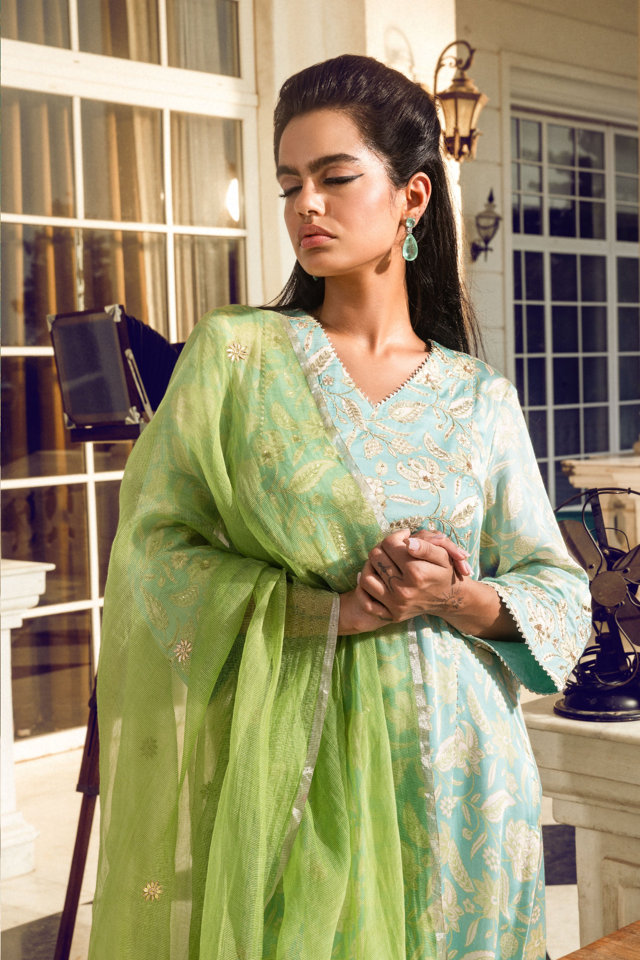 RUBAB TURQUOISE FLORAL PRINTED HANDCRAFTED KURTA SET (READY TO SHIP)