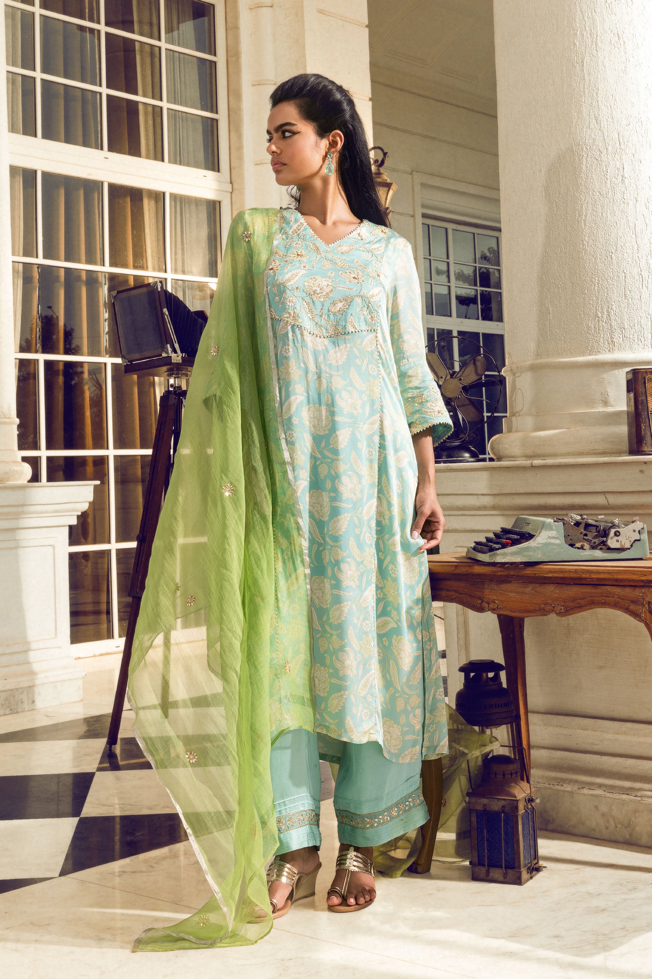 RUBAB TURQUOISE FLORAL PRINTED HANDCRAFTED KURTA SET (READY TO SHIP)