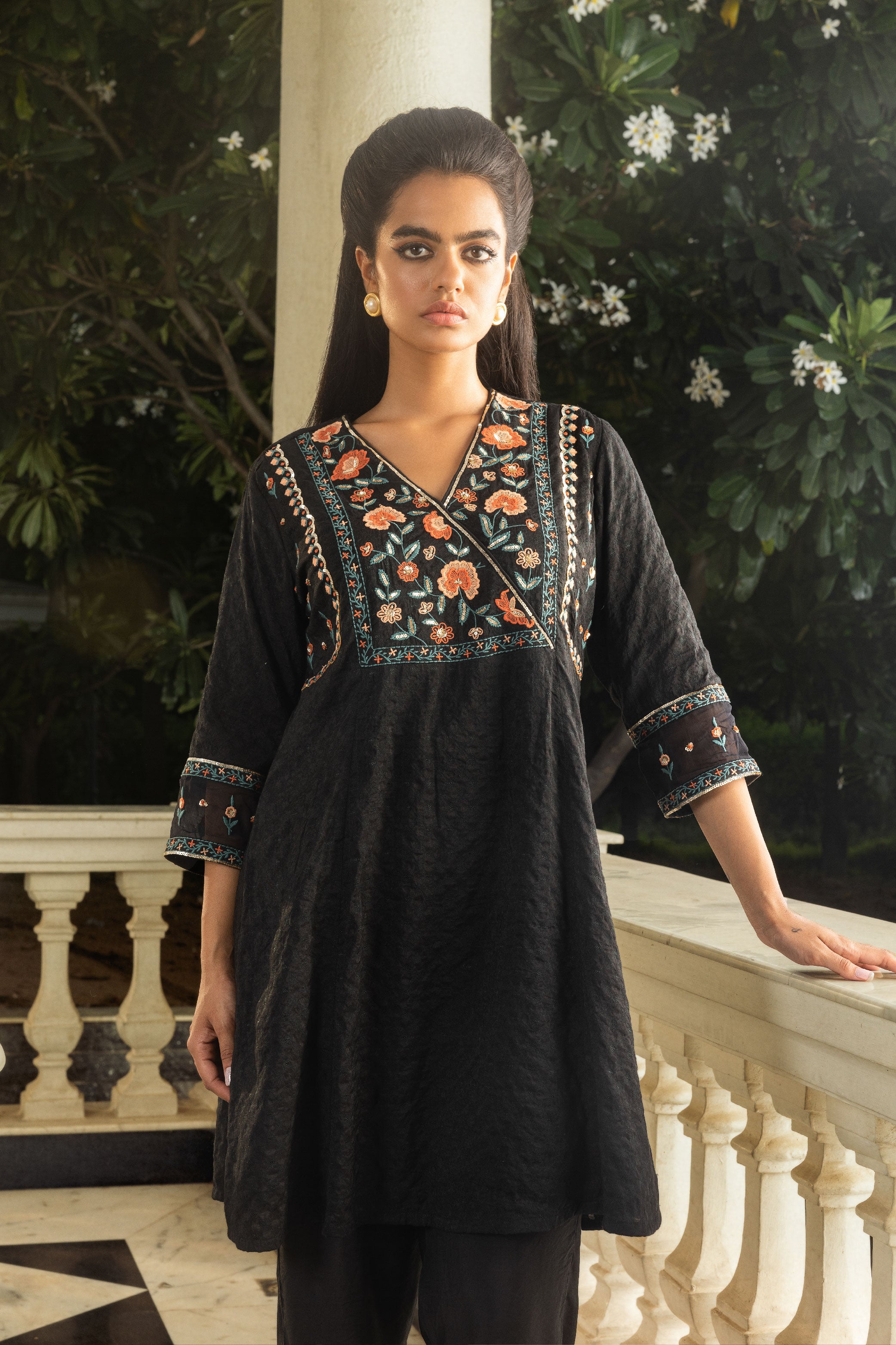MAHI BLACK JACQUARD HANDCRAFTED SHORT A-LINE KURTA SET (READY TO SHIP)