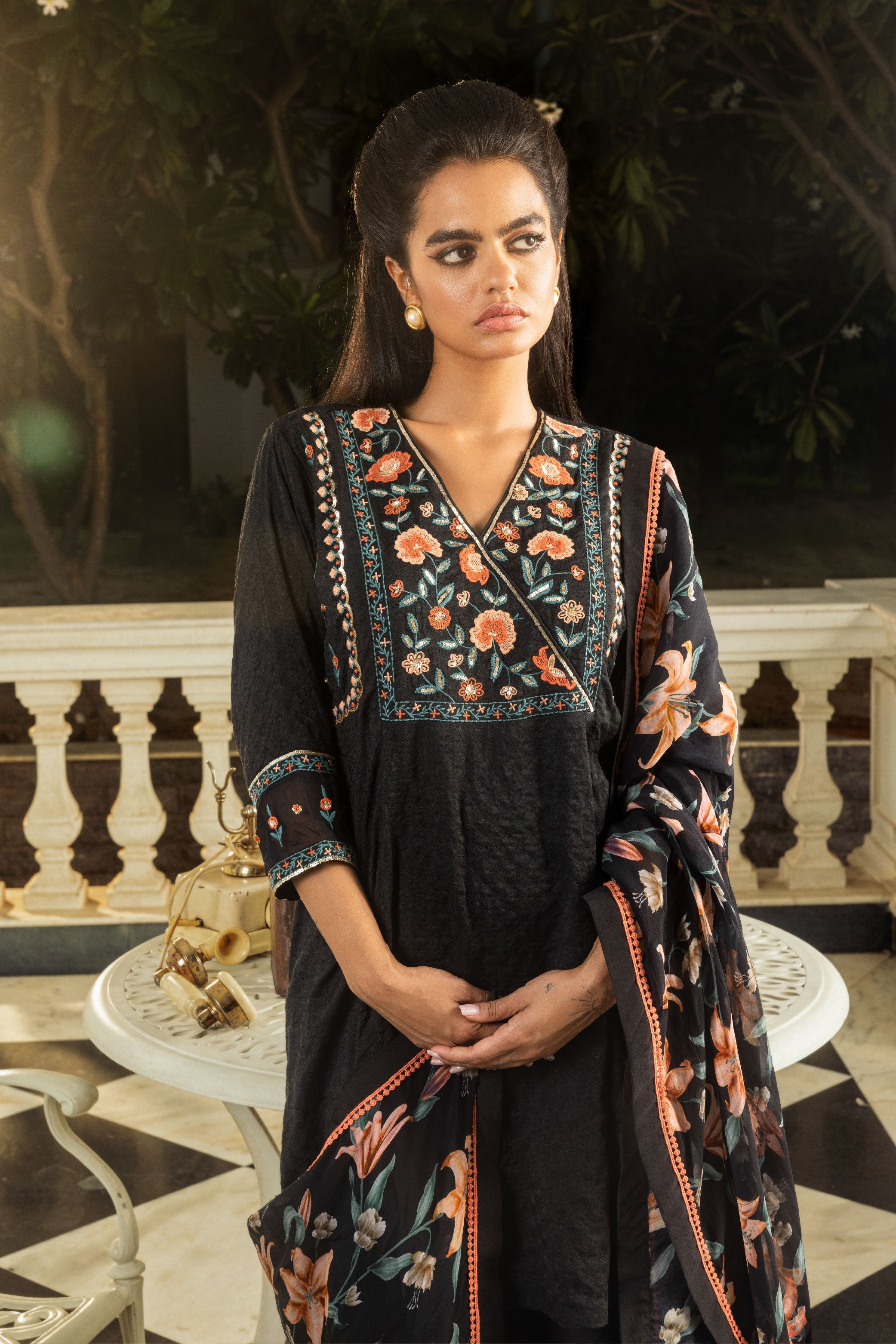 MAHI BLACK JACQUARD HANDCRAFTED SHORT A-LINE KURTA SET (READY TO SHIP)