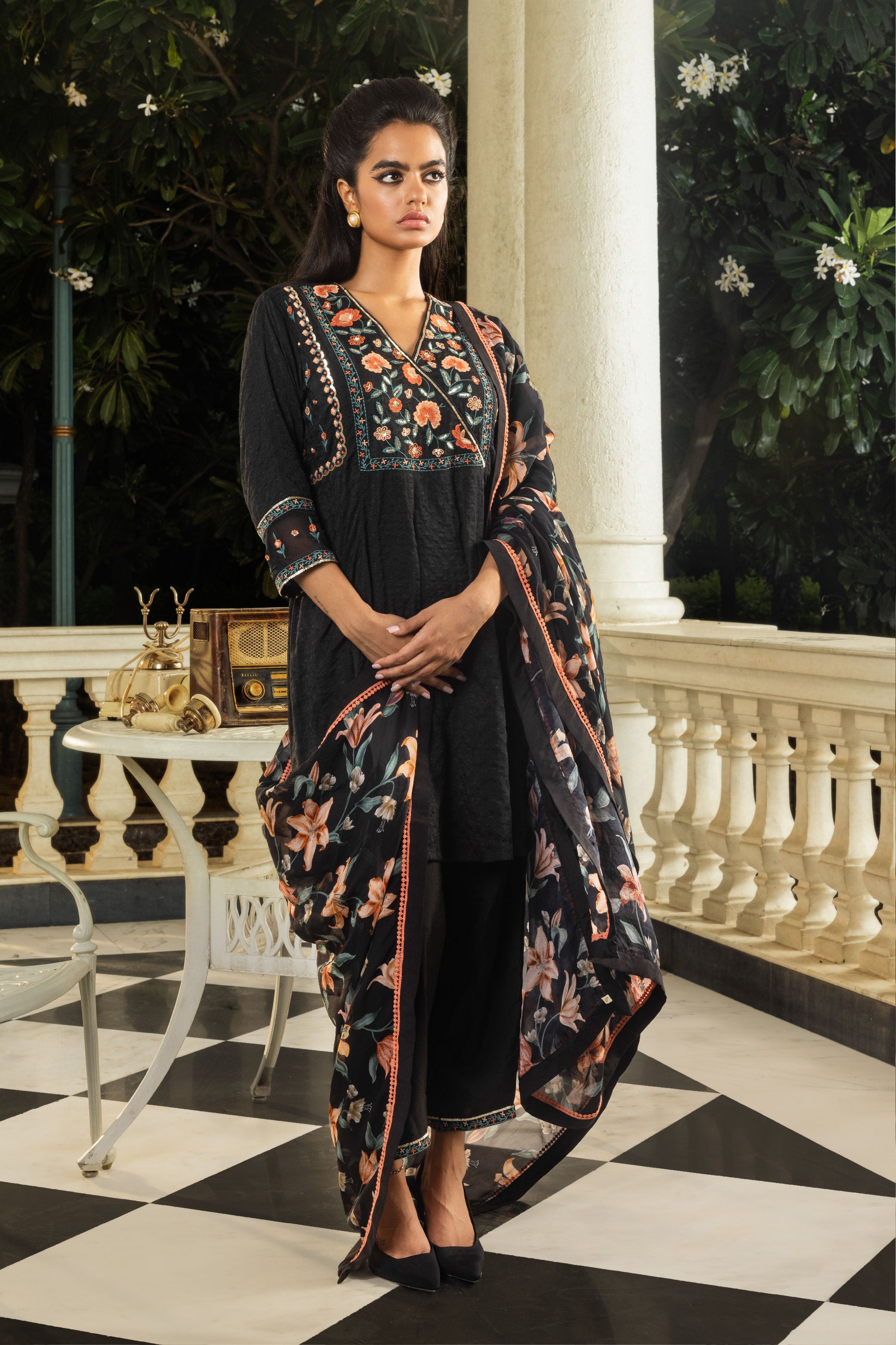 MAHI BLACK JACQUARD HANDCRAFTED SHORT A-LINE KURTA SET (READY TO SHIP)
