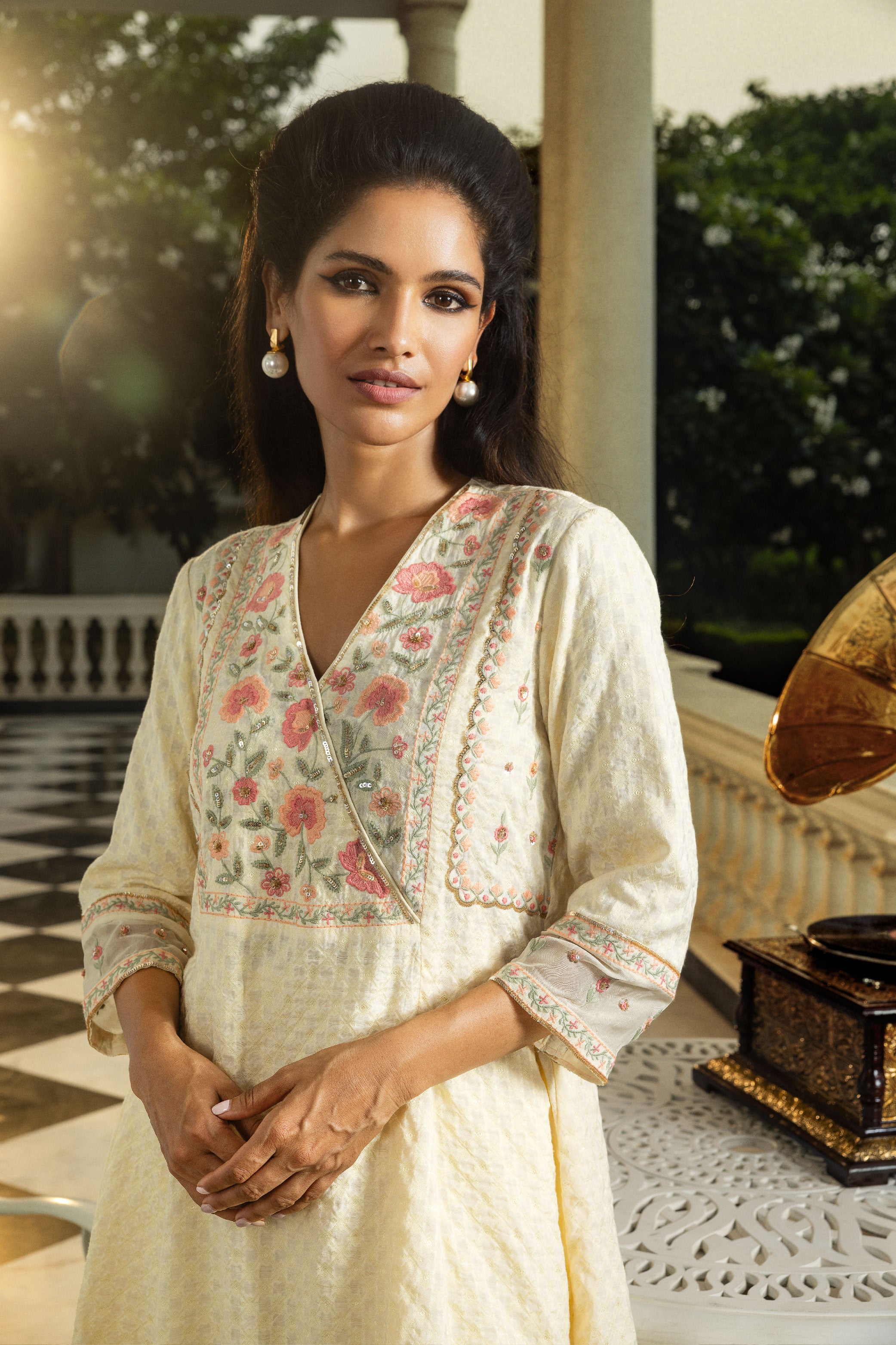 ZOYA AFROZE IN MEERA CREAM JACQUARD HANDCRAFTED SHORT A-LINE KURTA SET