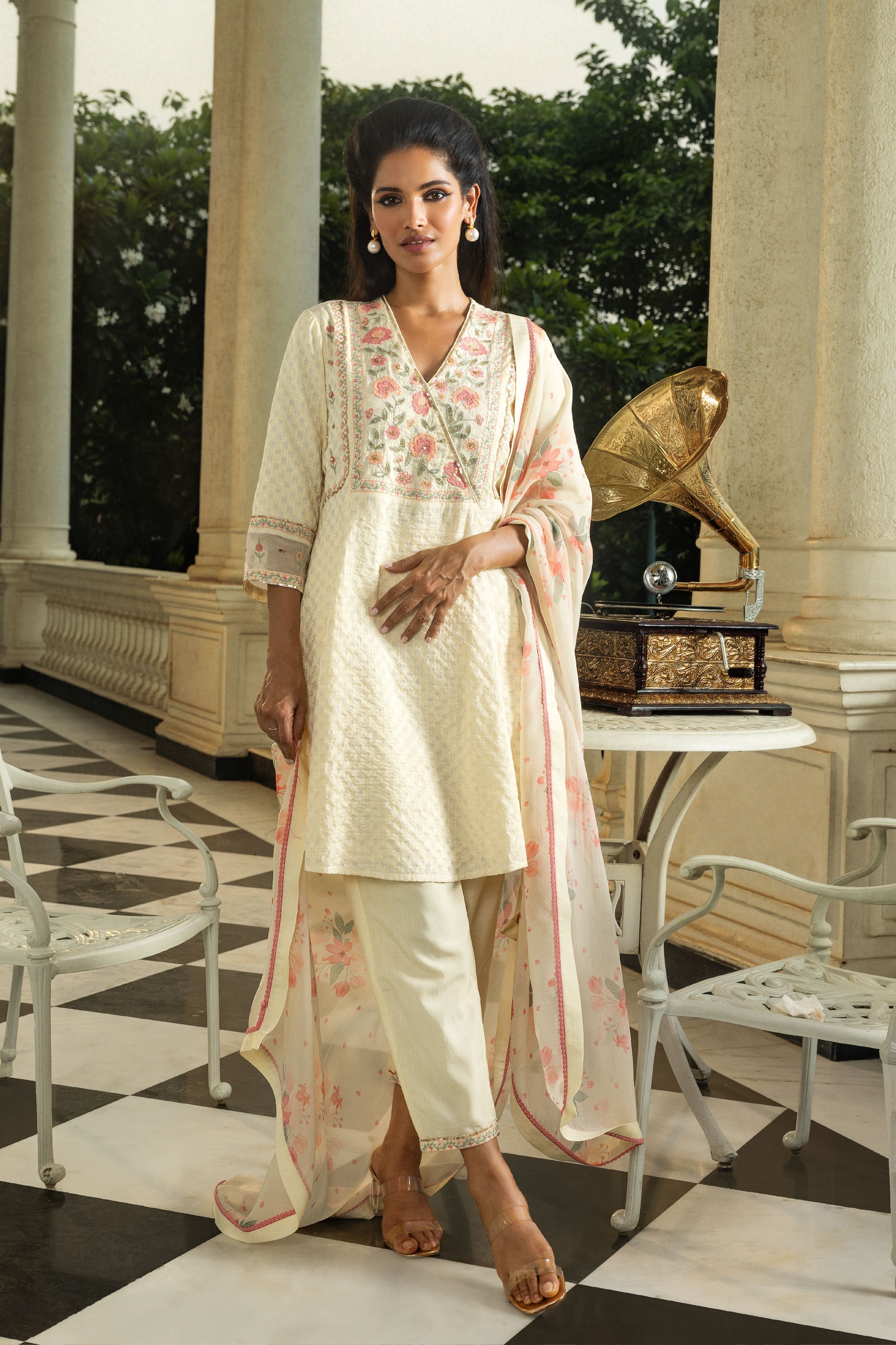 ZOYA AFROZE IN MEERA CREAM JACQUARD HANDCRAFTED SHORT A-LINE KURTA SET