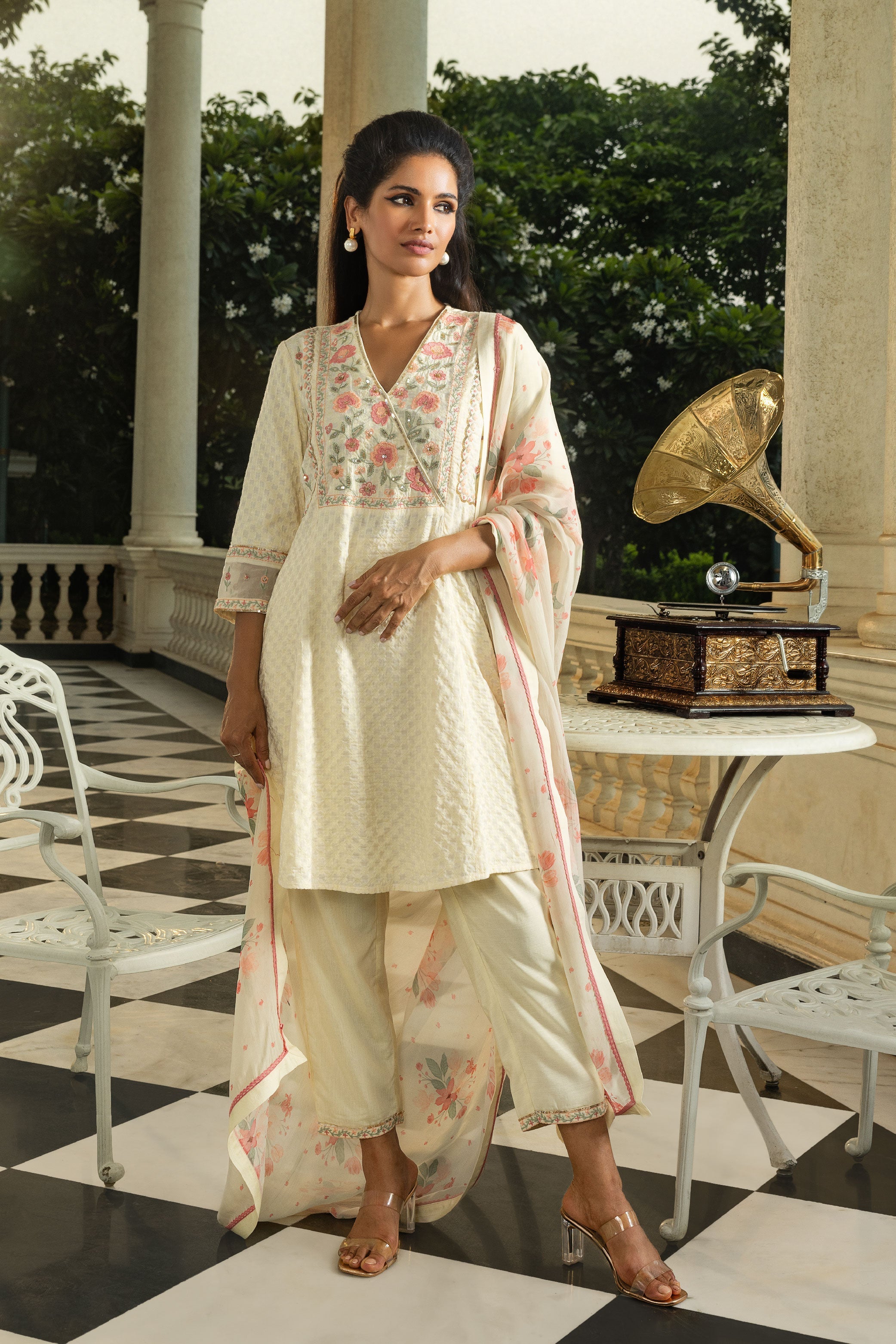 ZOYA AFROZE IN MEERA CREAM JACQUARD HANDCRAFTED SHORT A-LINE KURTA SET