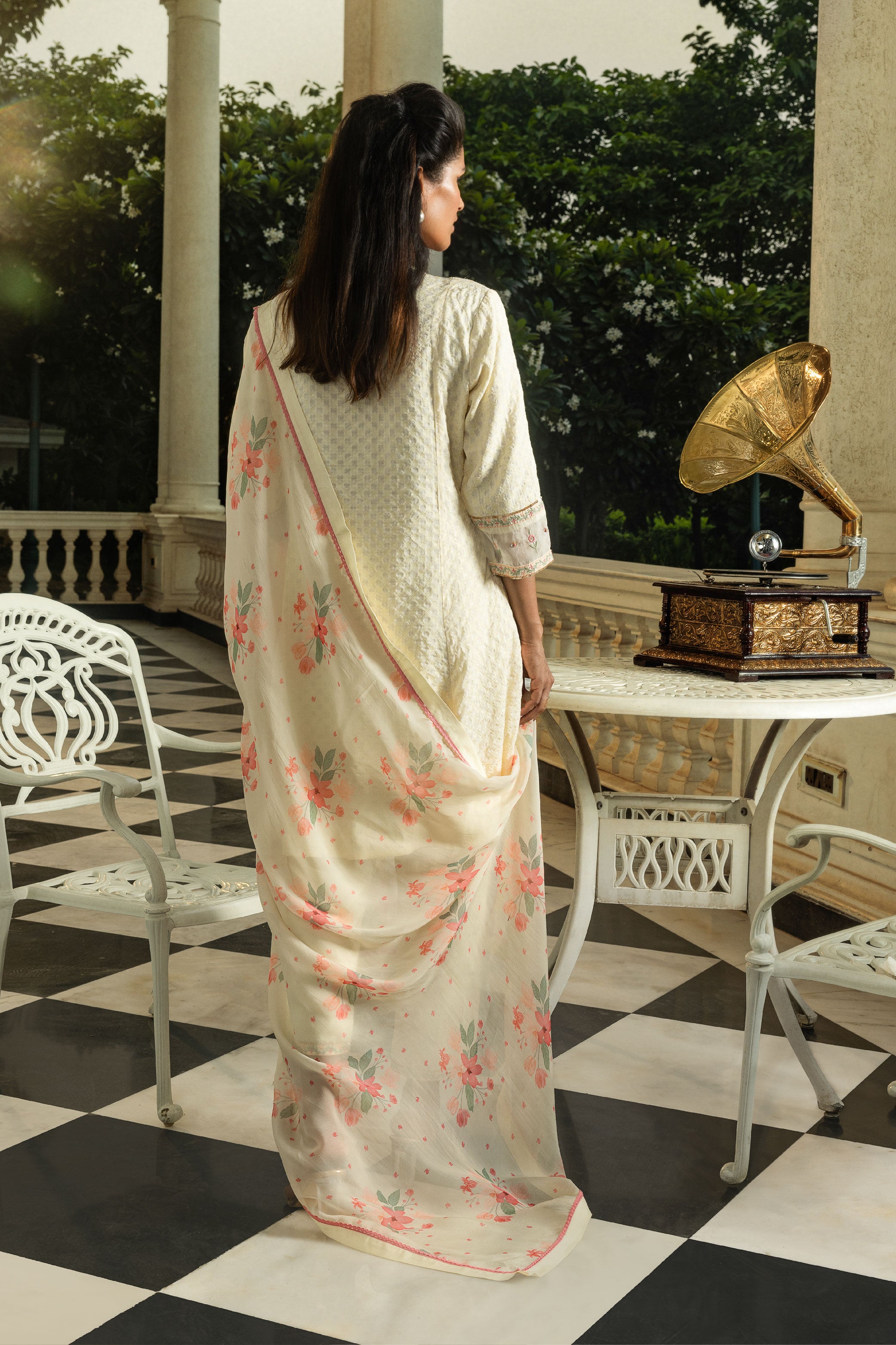 ZOYA AFROZE IN MEERA CREAM JACQUARD HANDCRAFTED SHORT A-LINE KURTA SET