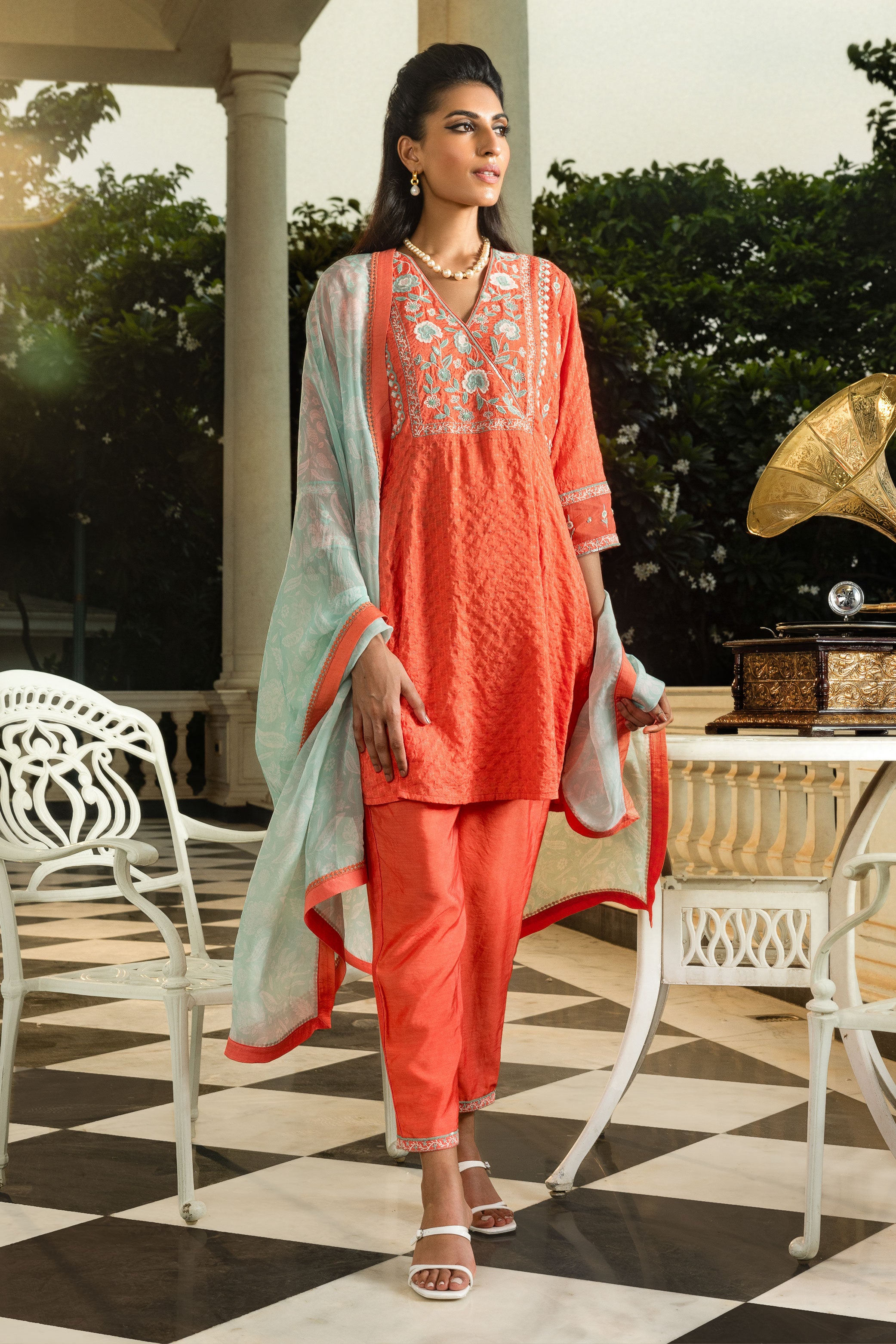 MYRA ORANGE JACQUARD HANDCRAFTED SHORT A-LINE KURTA SET (READY TO SHIP)