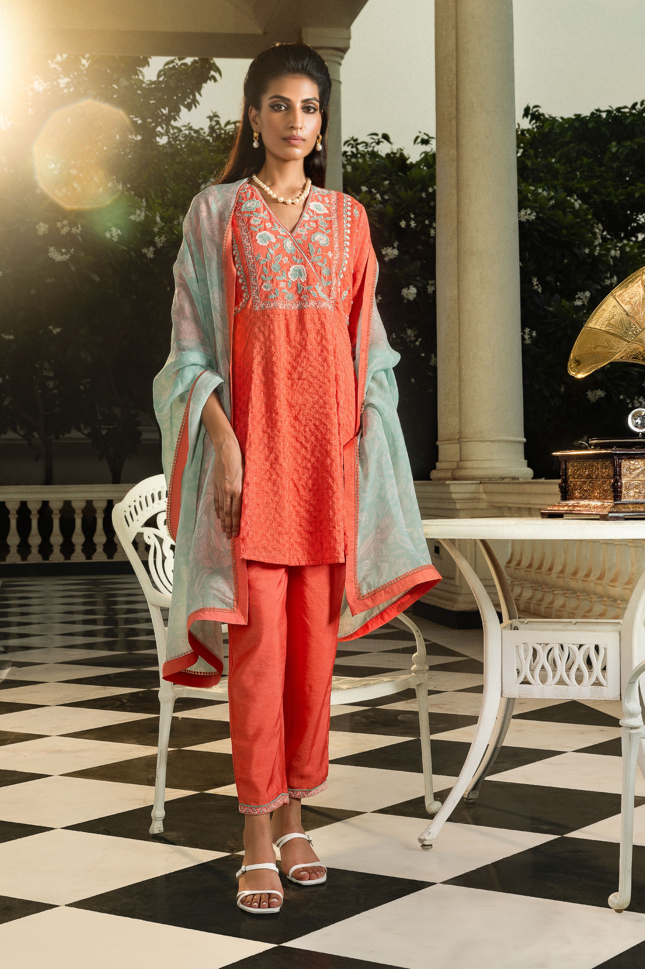 MYRA ORANGE JACQUARD HANDCRAFTED SHORT A-LINE KURTA SET (READY TO SHIP)