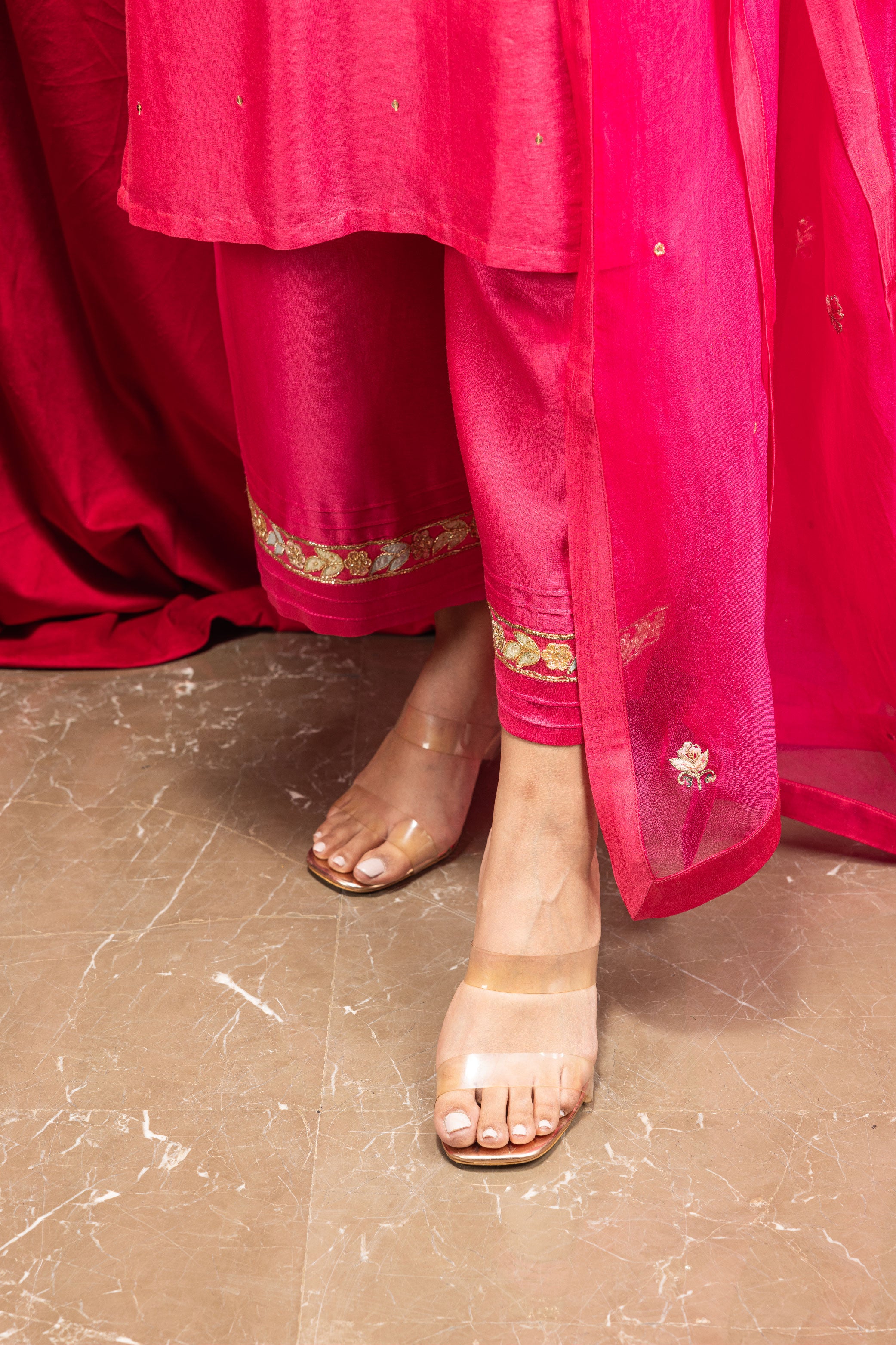 RANI PINK SILK CHANDERI HANDCRAFTED KURTA SET (READY TO SHIP)