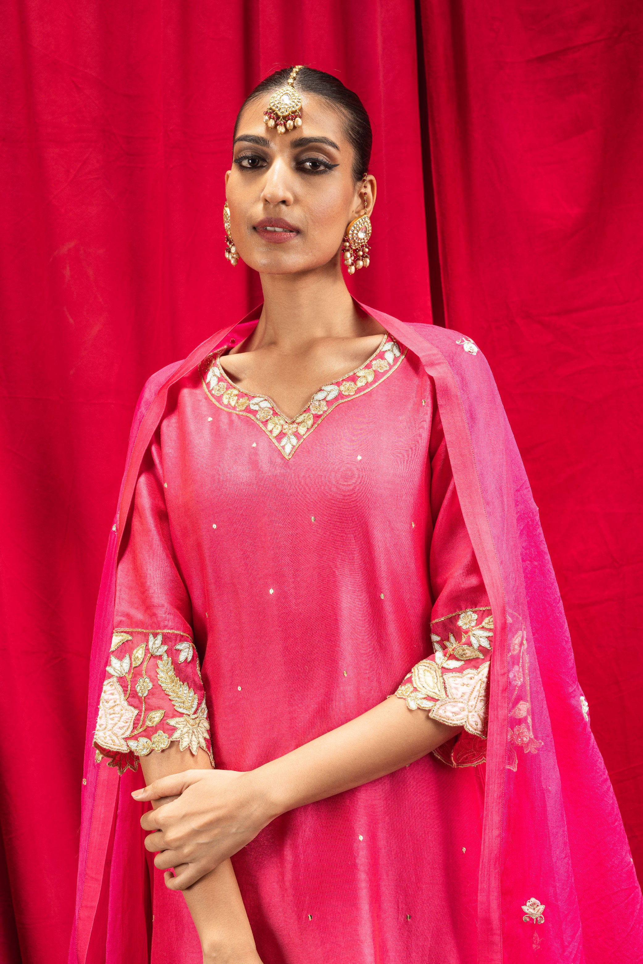 RANI PINK SILK CHANDERI HANDCRAFTED KURTA SET (READY TO SHIP)