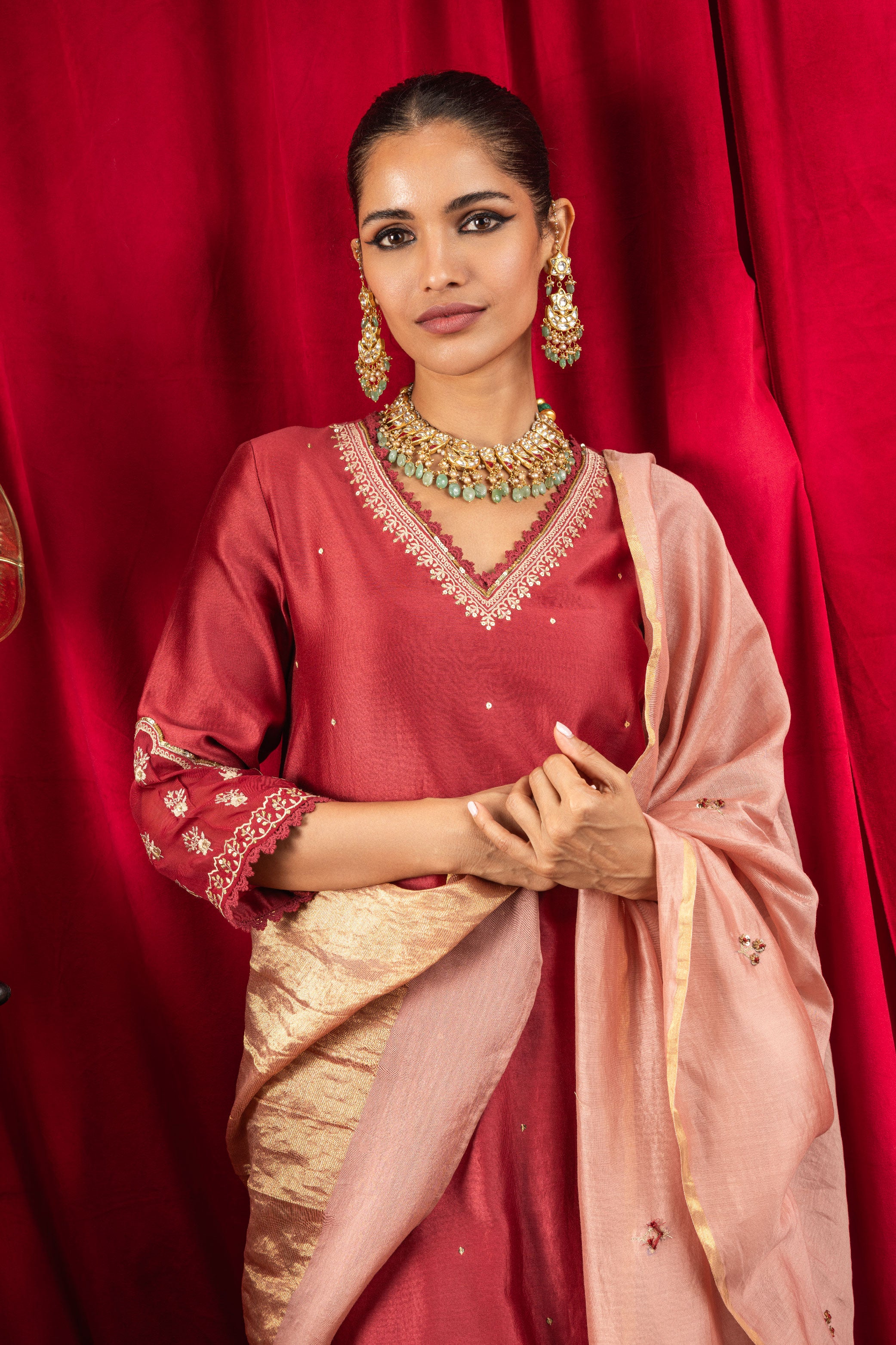 REHA RED SILK CHANDERI HANDCRAFTED KURTA SET (READY TO SHIP)