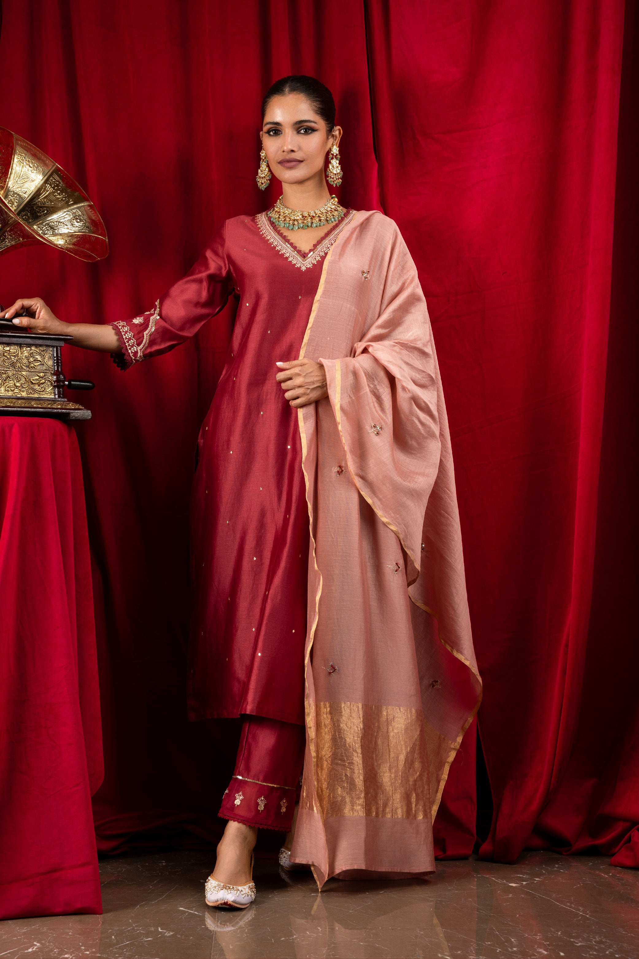 REHA RED SILK CHANDERI HANDCRAFTED KURTA SET (READY TO SHIP)