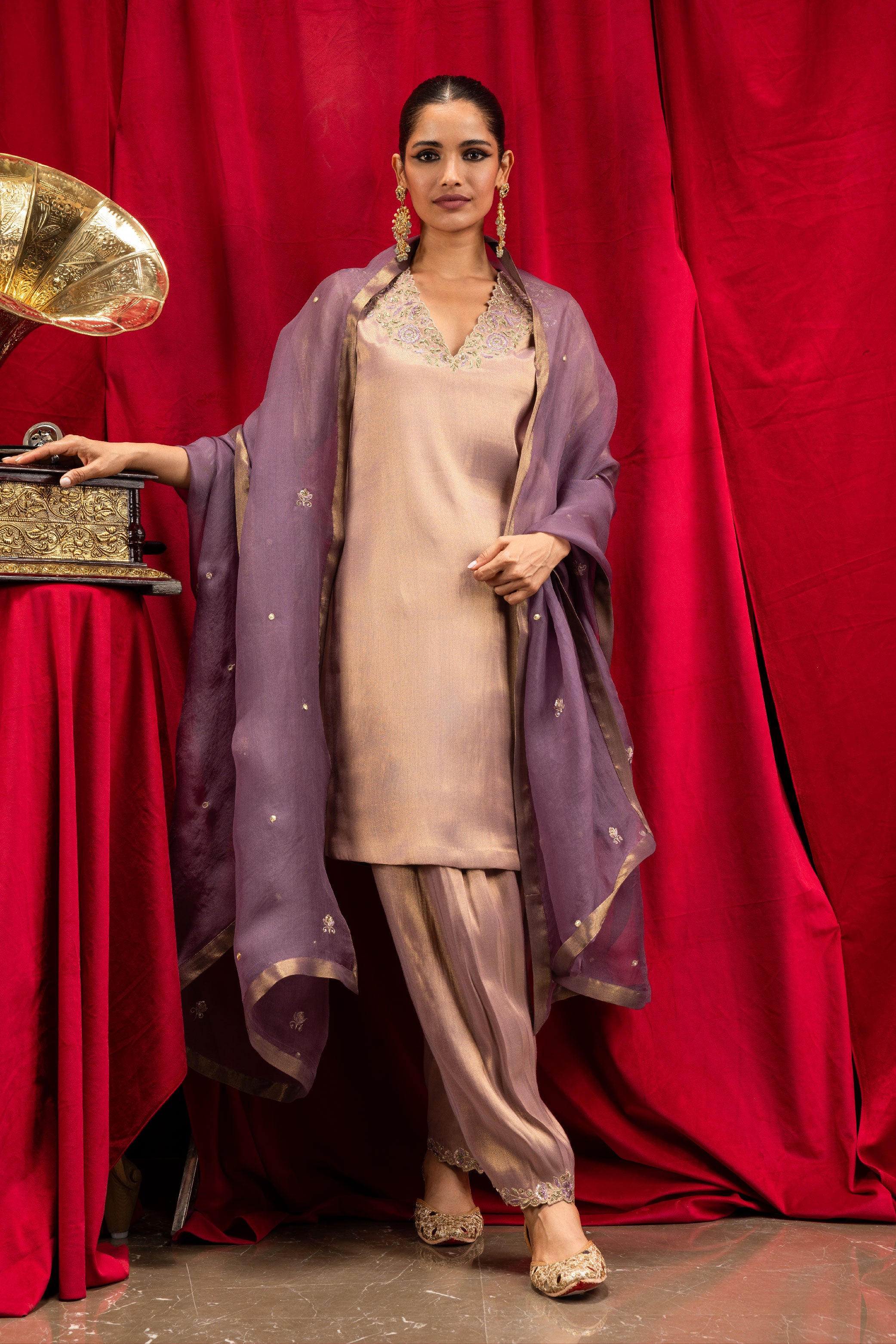 SAANVI PURPLE TISSUE SHORT HANDCRAFTED A-LINE KURTA SET