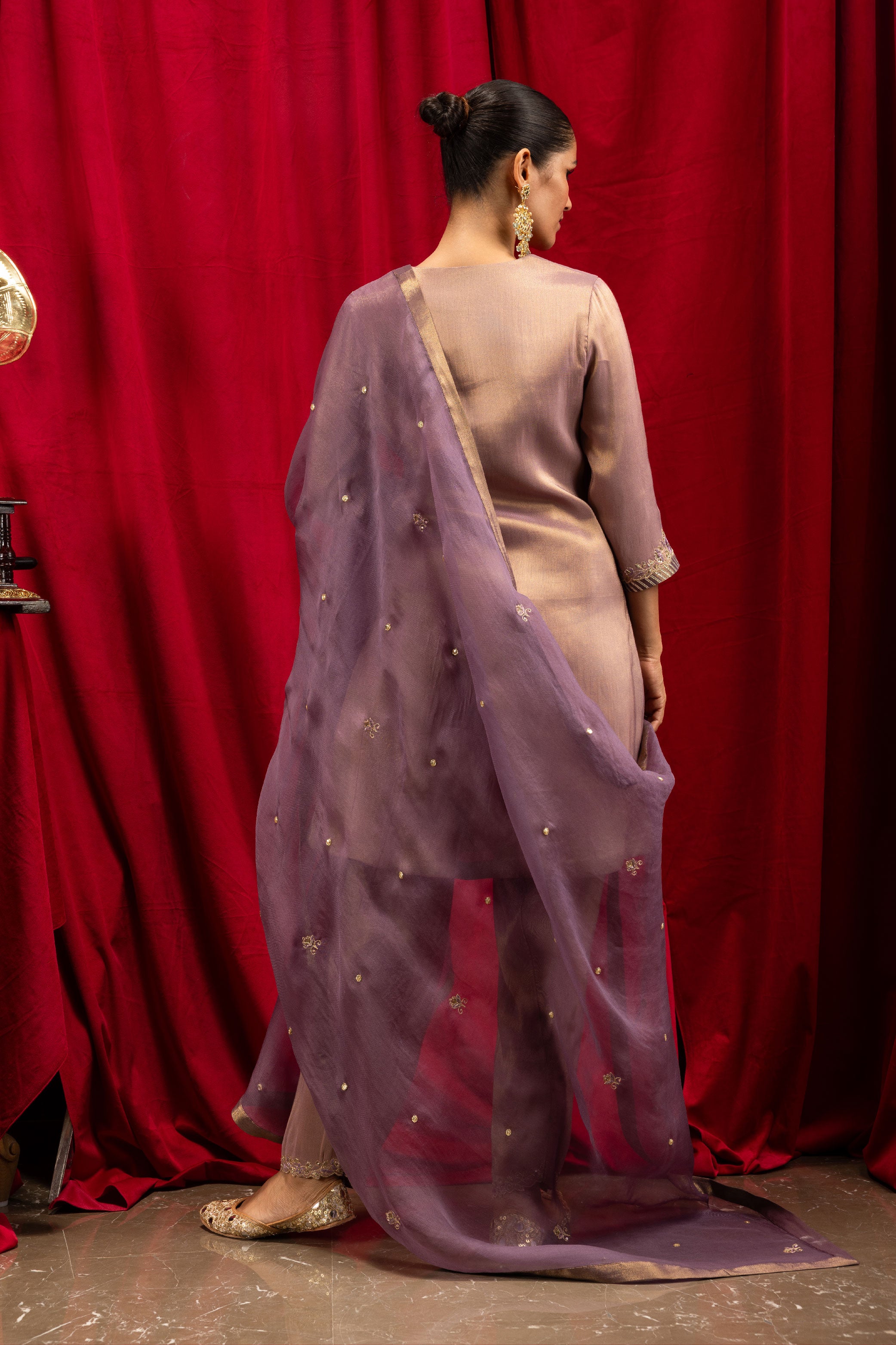 SAANVI PURPLE TISSUE SHORT HANDCRAFTED A-LINE KURTA SET