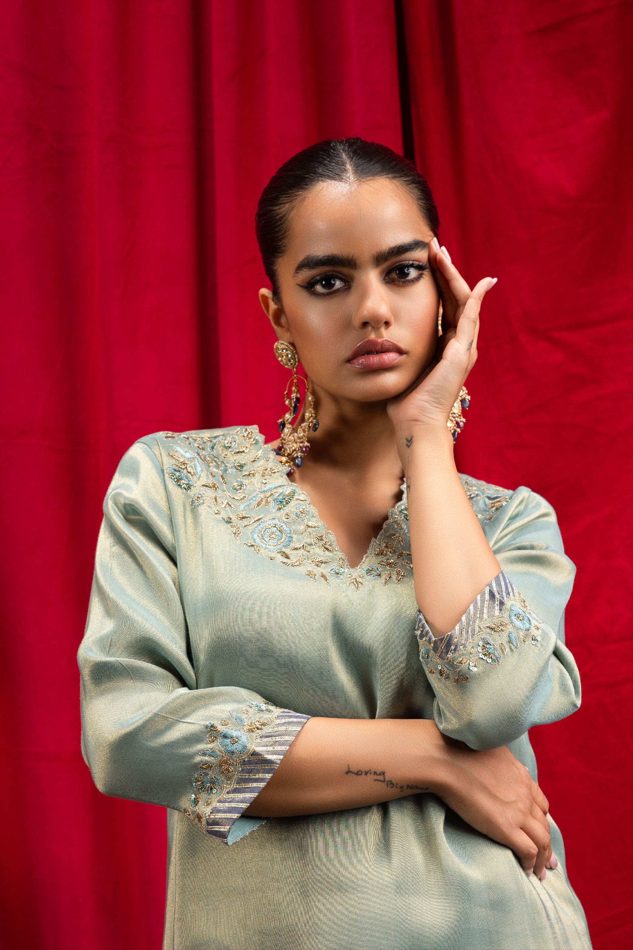 SAANVI BLUE TISSUE SHORT HANDCRAFTED A-LINE KURTA SET (READY TO SHIP)