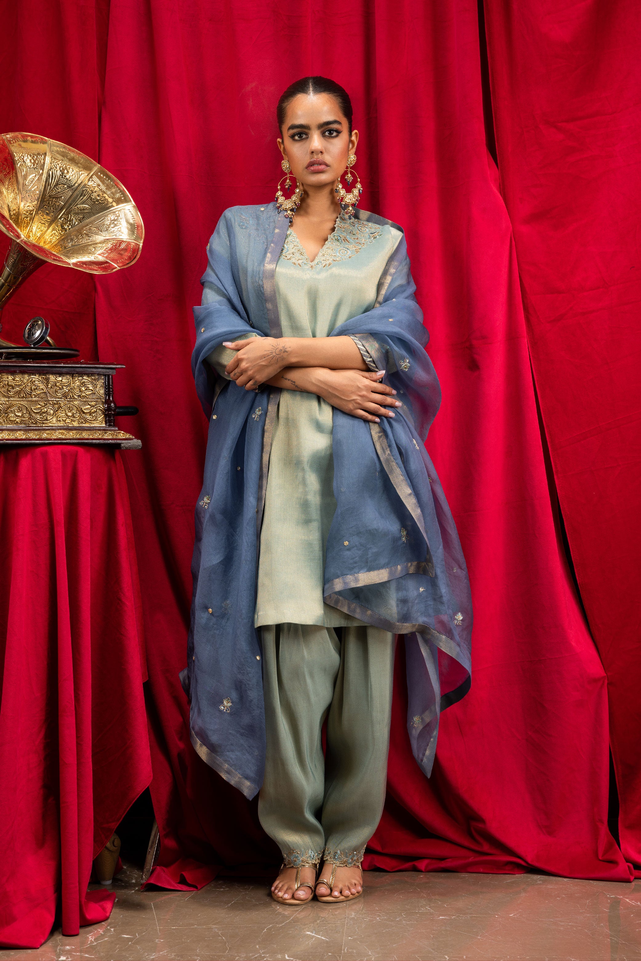 SAANVI BLUE TISSUE SHORT HANDCRAFTED A-LINE KURTA SET (READY TO SHIP)