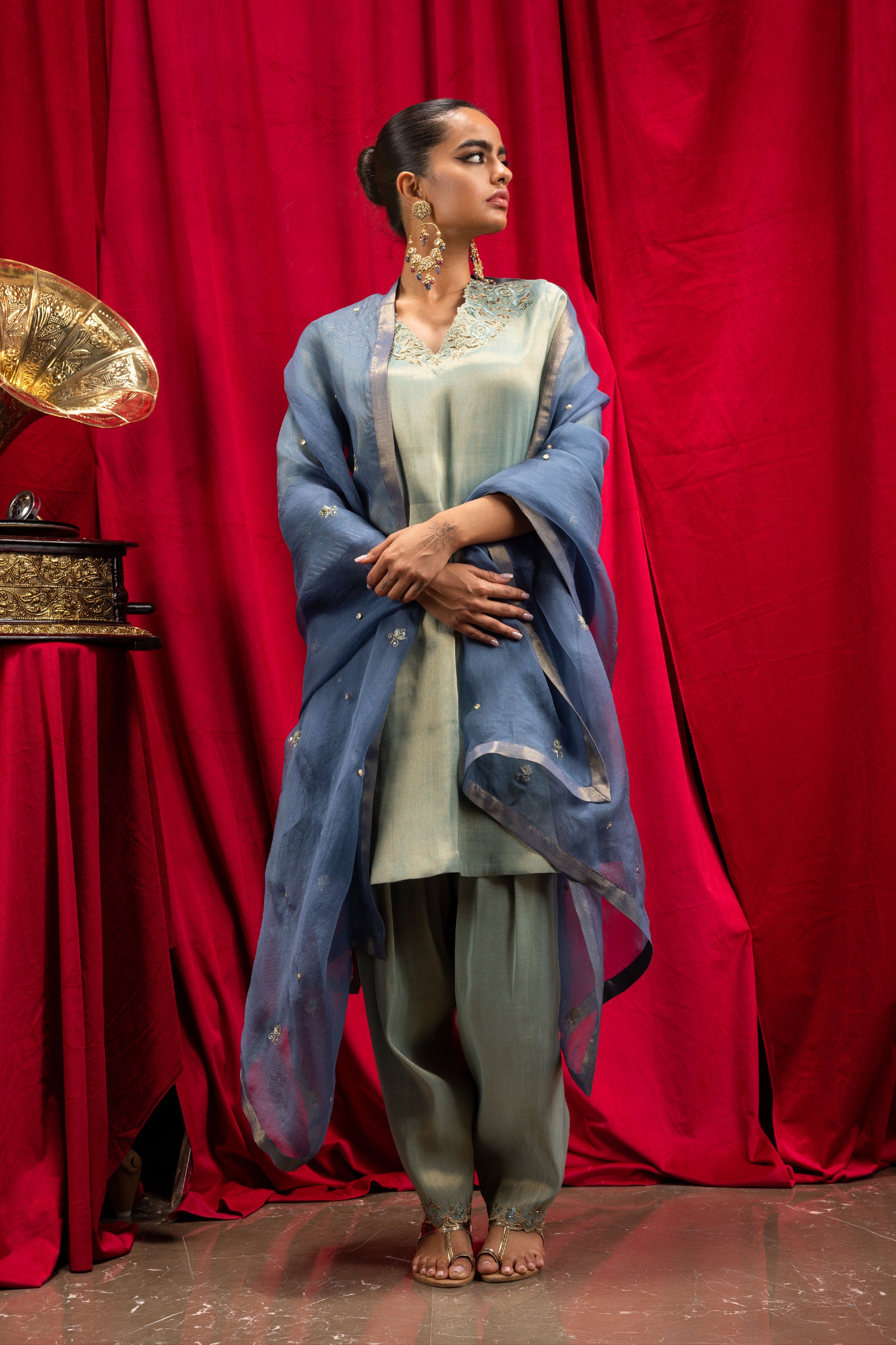 SAANVI BLUE TISSUE SHORT HANDCRAFTED A-LINE KURTA SET (READY TO SHIP)