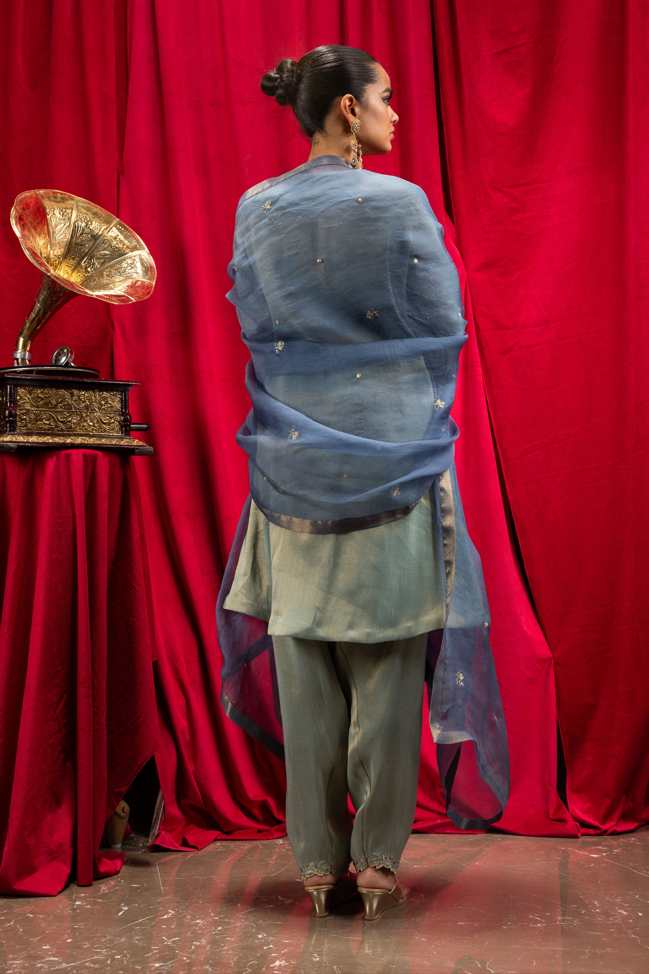 SAANVI BLUE TISSUE SHORT HANDCRAFTED A-LINE KURTA SET (READY TO SHIP)