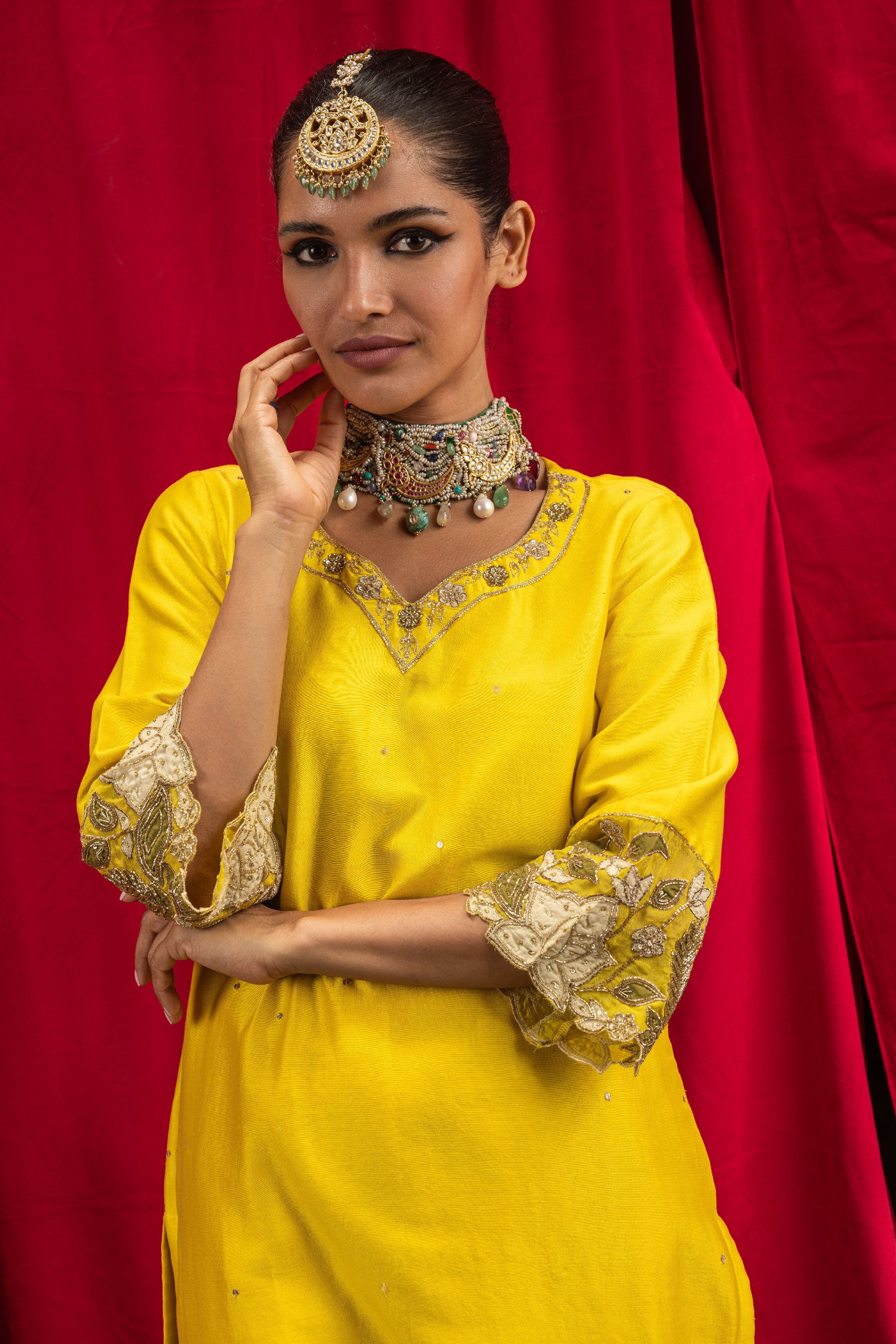 SARA ALI KHAN IN SUNHERI YELLOW SILK CHANDERI HANDCRAFTED KURTA SET