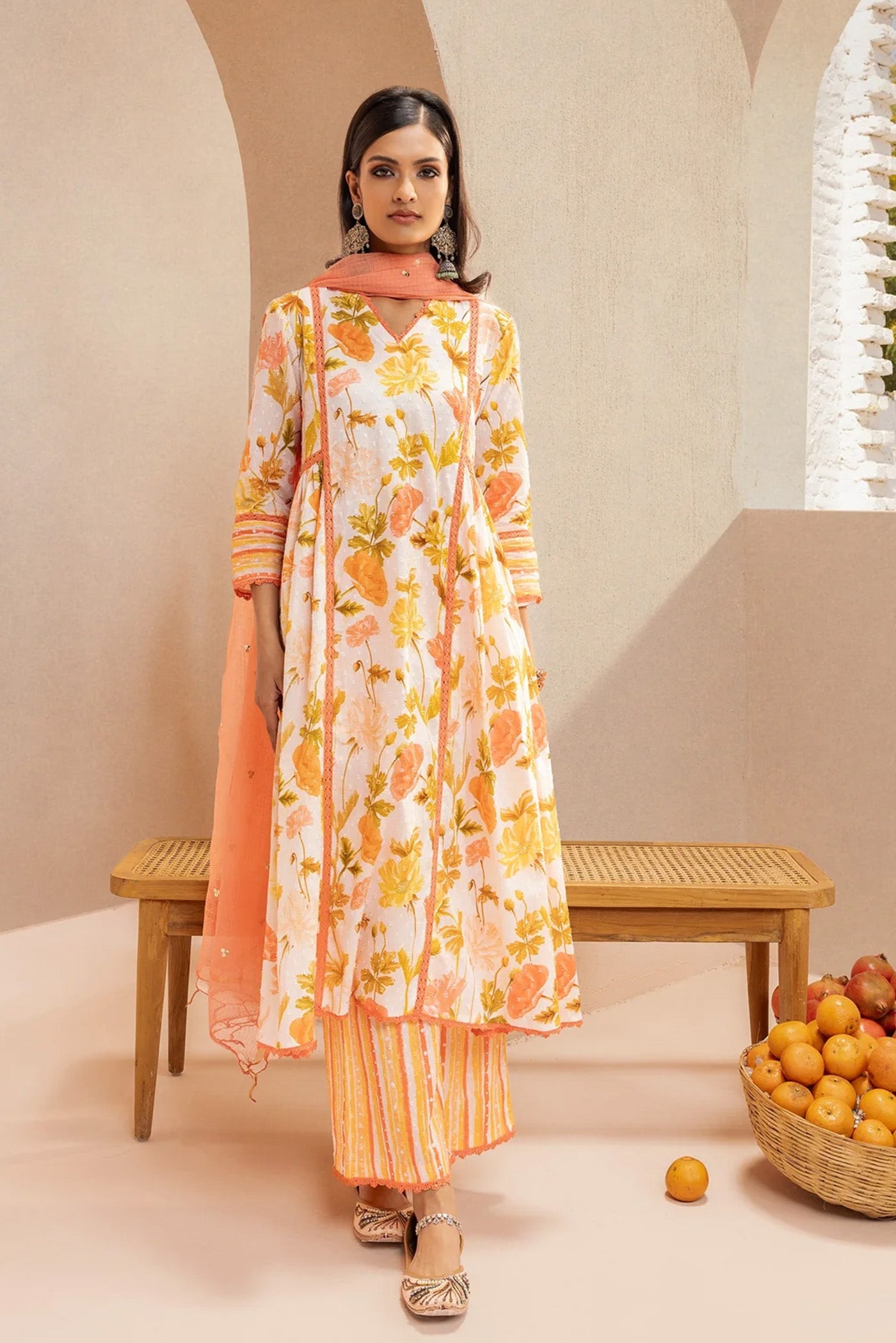 HEER ORANGE FLORAL PRINTED COTTON DOBBY HANDCRAFTED KURTA SET (READY TO SHIP)