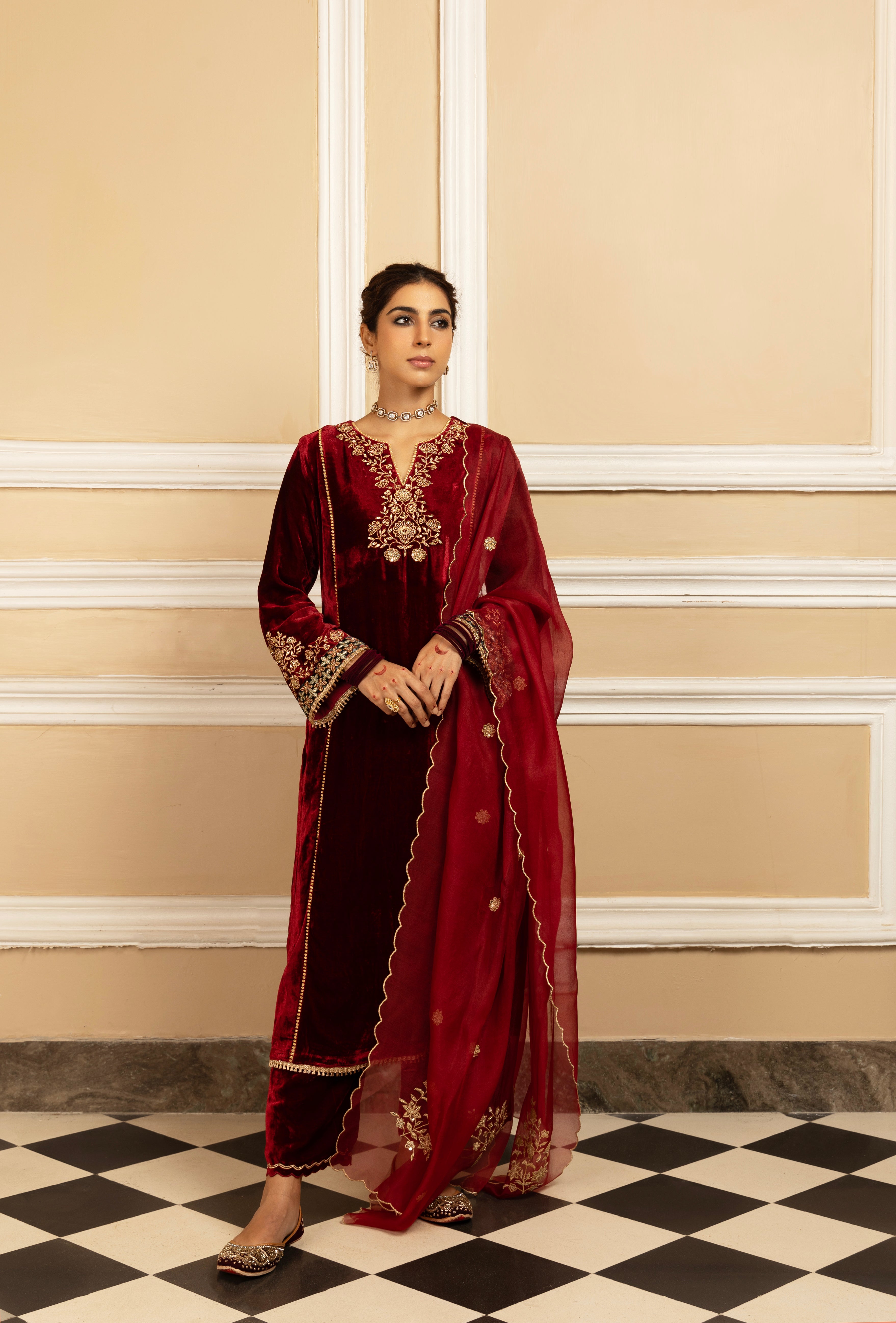 NOORANI RED SILK VELVET HANDCRAFTED KURTA SET
