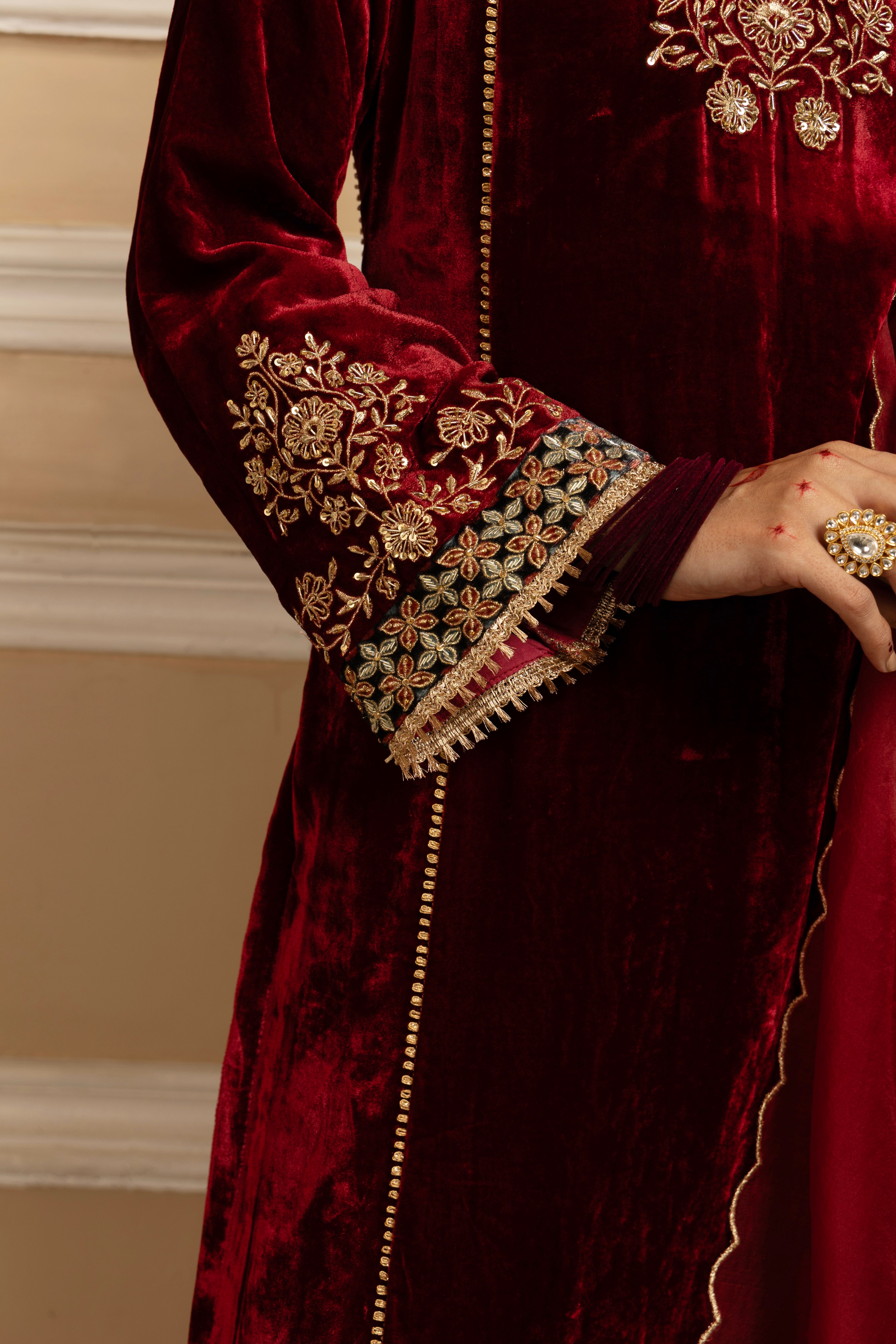 NOORANI RED SILK VELVET HANDCRAFTED KURTA SET