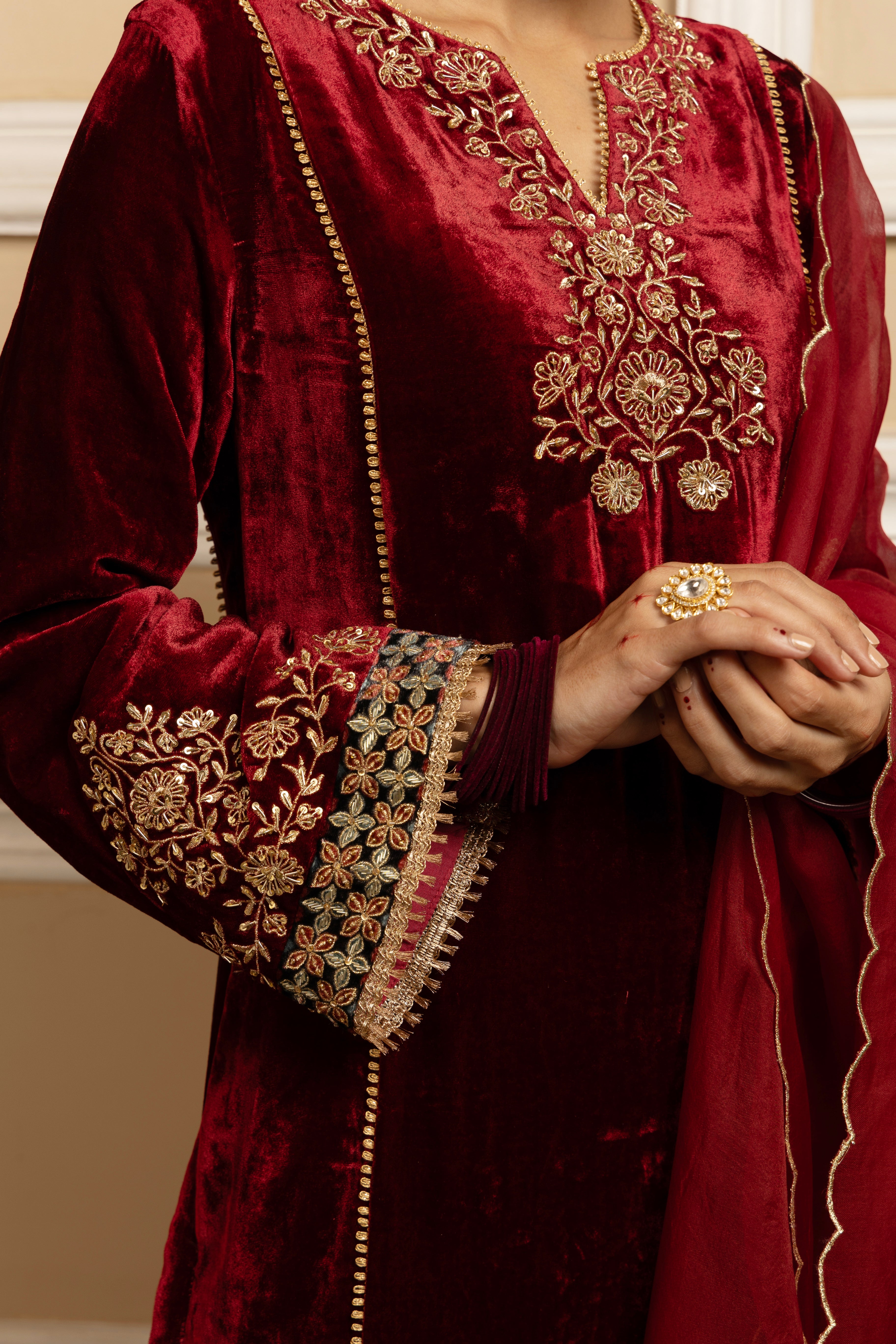 NOORANI RED SILK VELVET HANDCRAFTED KURTA SET