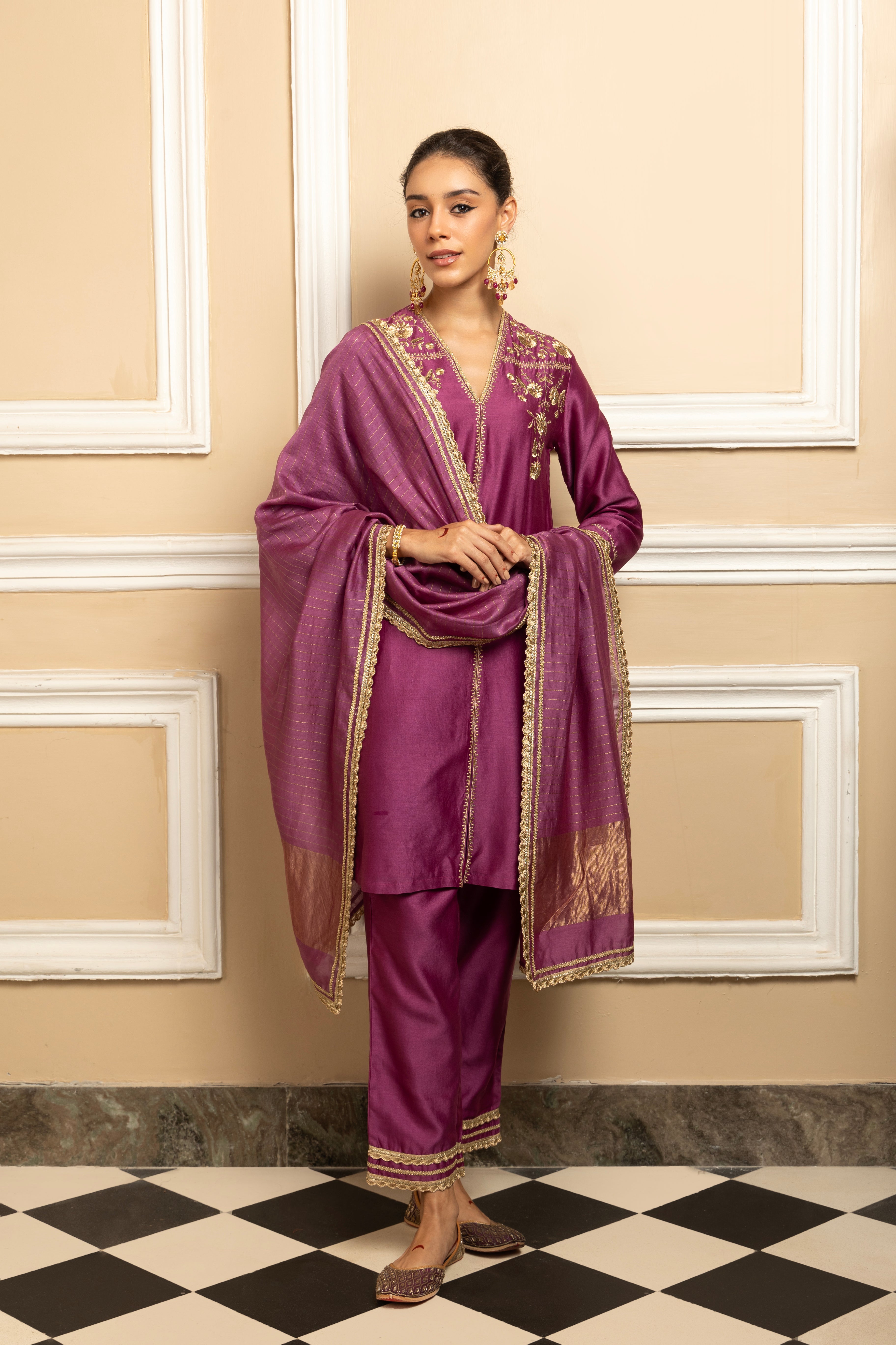 ZAHRA PURPLE SILK CHANDERI HANDCRAFTED KURTA SET