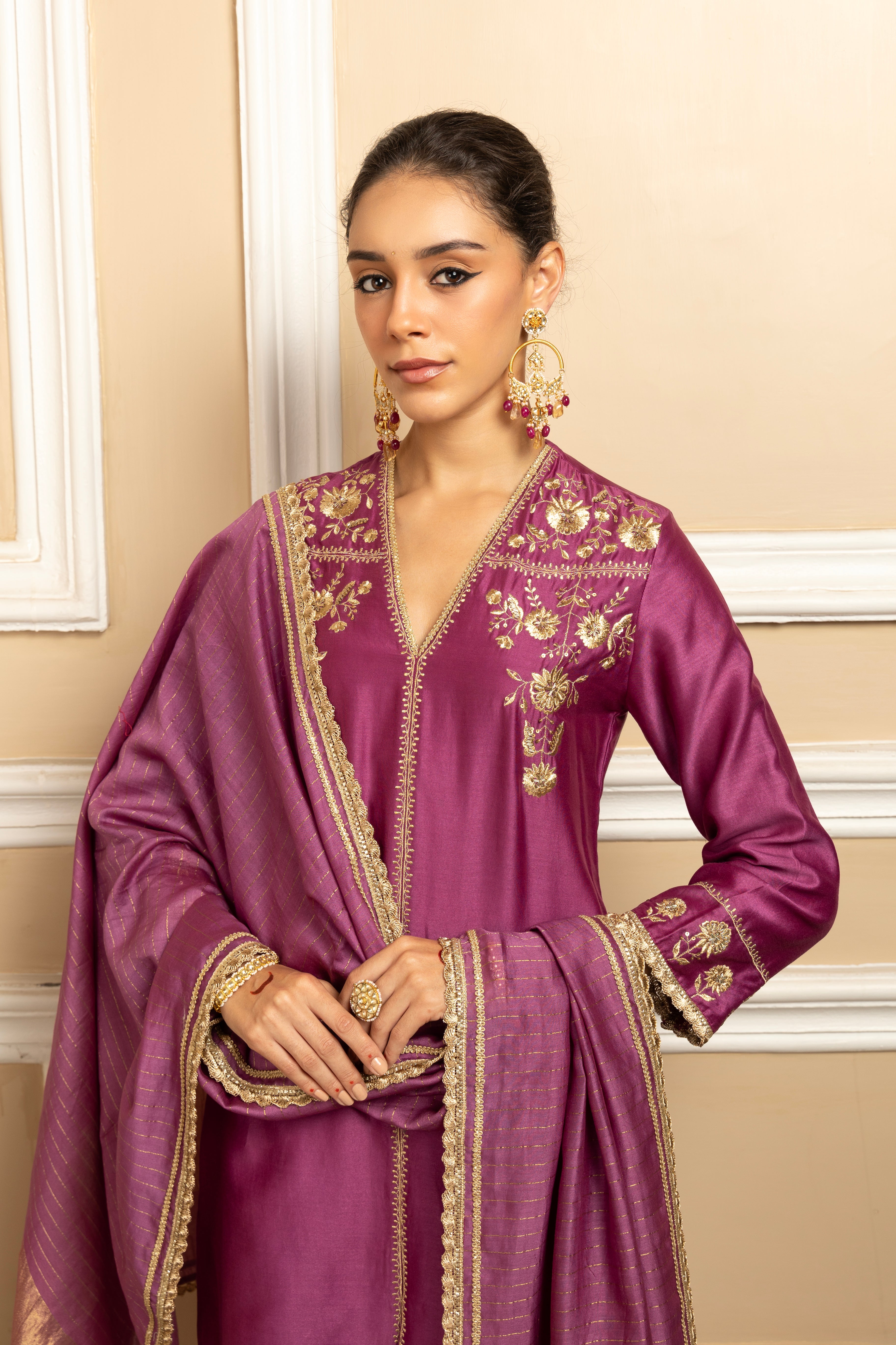 ZAHRA PURPLE SILK CHANDERI HANDCRAFTED KURTA SET