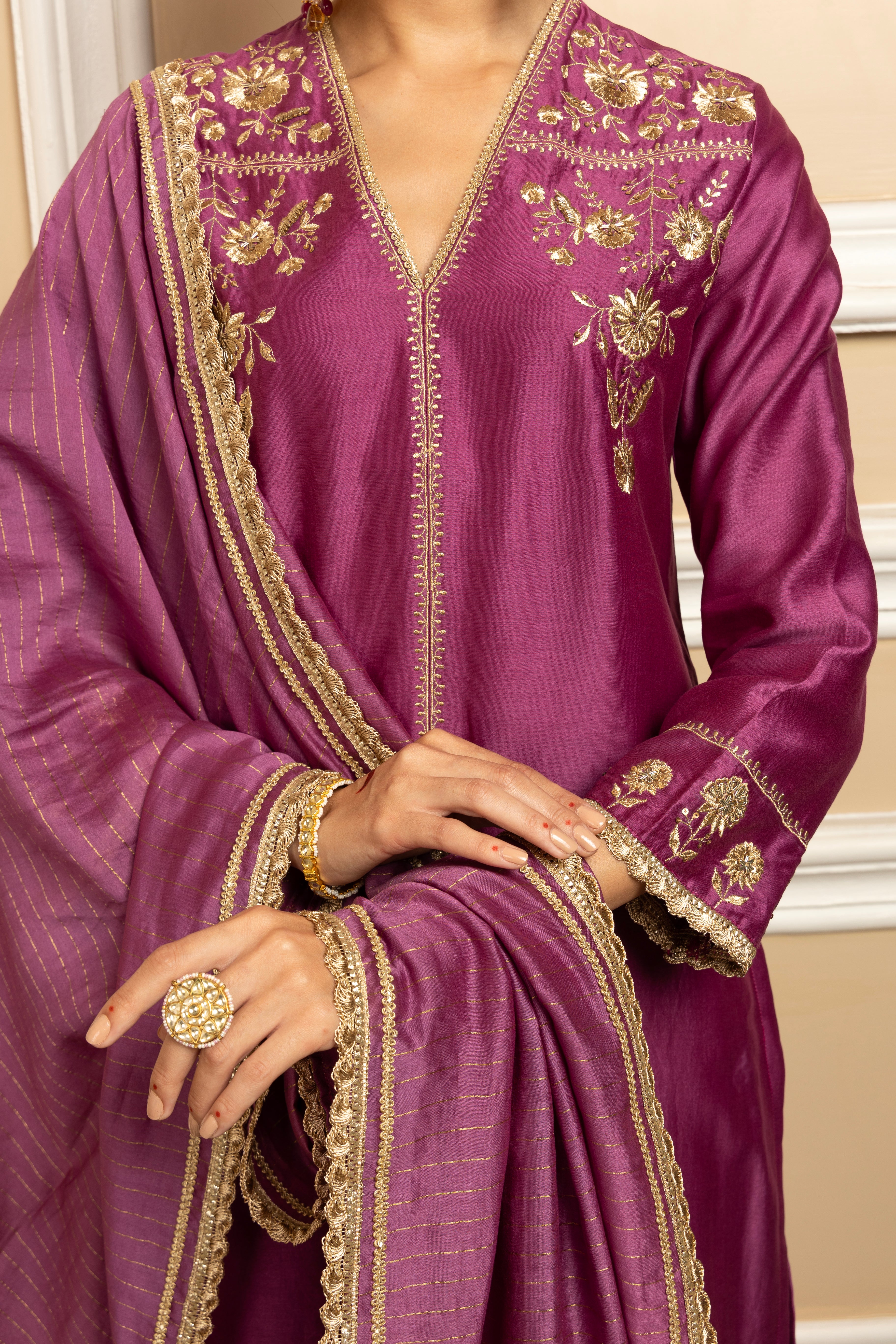 ZAHRA PURPLE SILK CHANDERI HANDCRAFTED KURTA SET