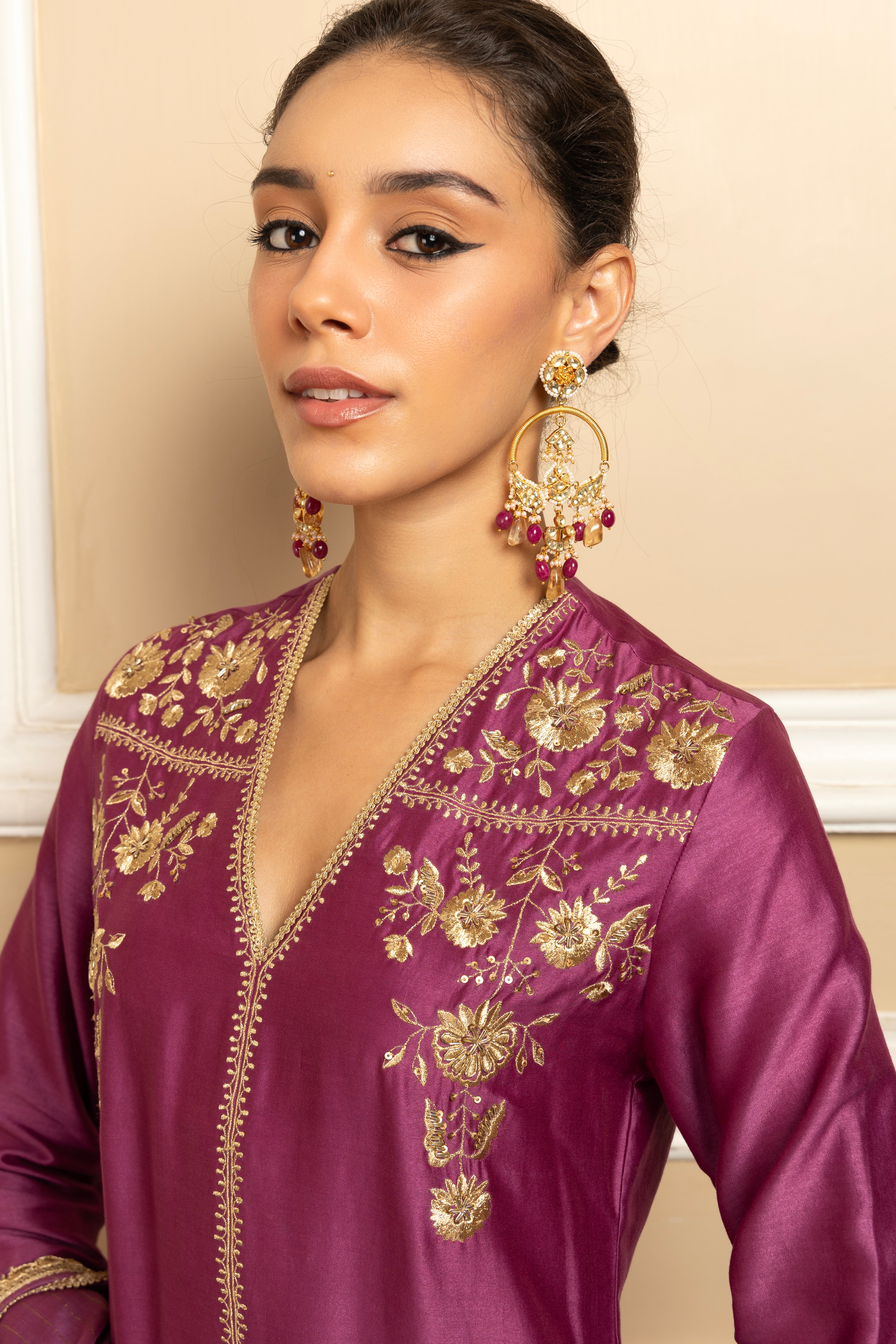 ZAHRA PURPLE SILK CHANDERI HANDCRAFTED KURTA SET